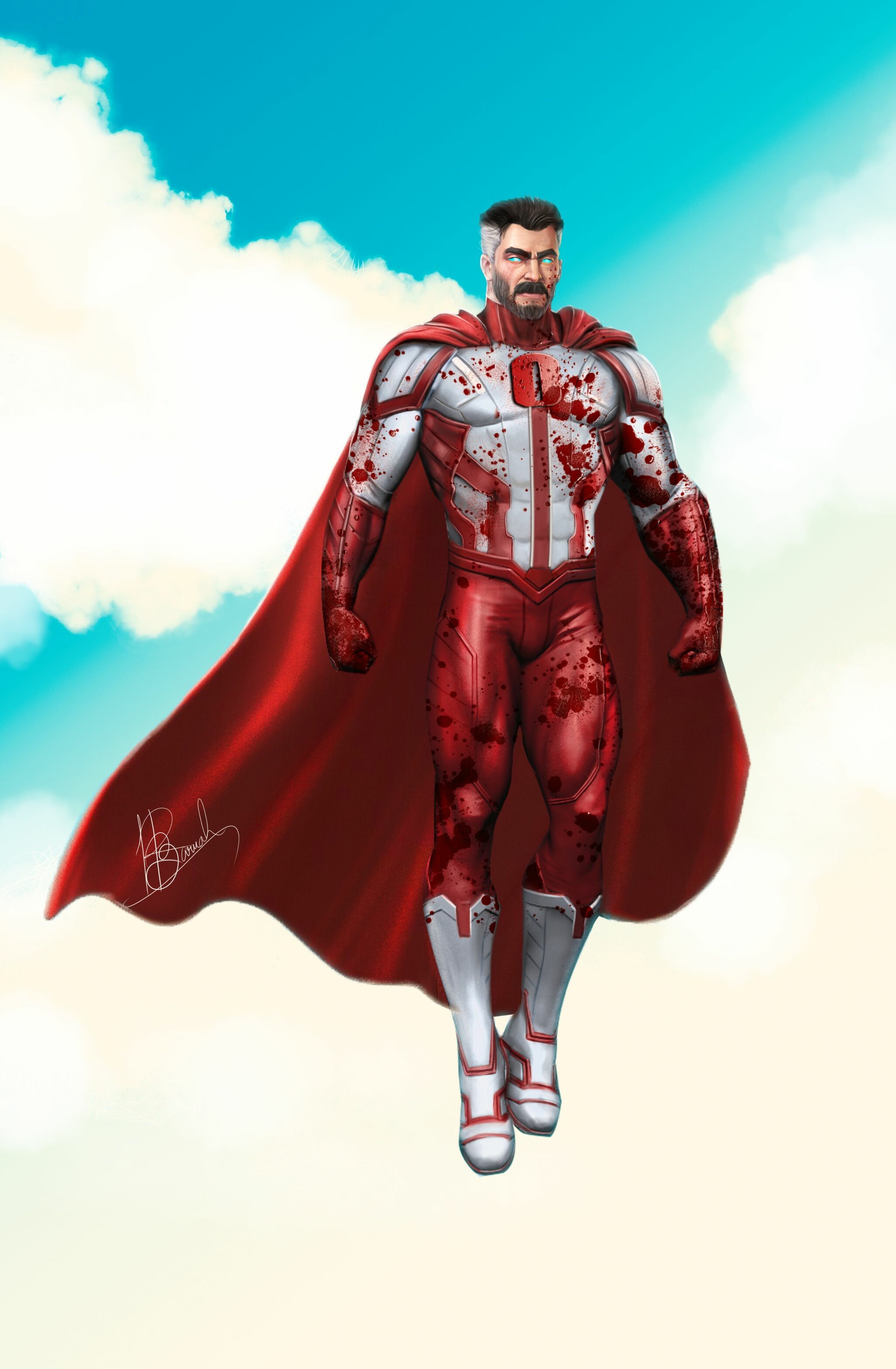Omni-Man, Blood-splattered white suit, Red flowing cape, Cloudy blue sky — 2052×3133 HD wallpaper