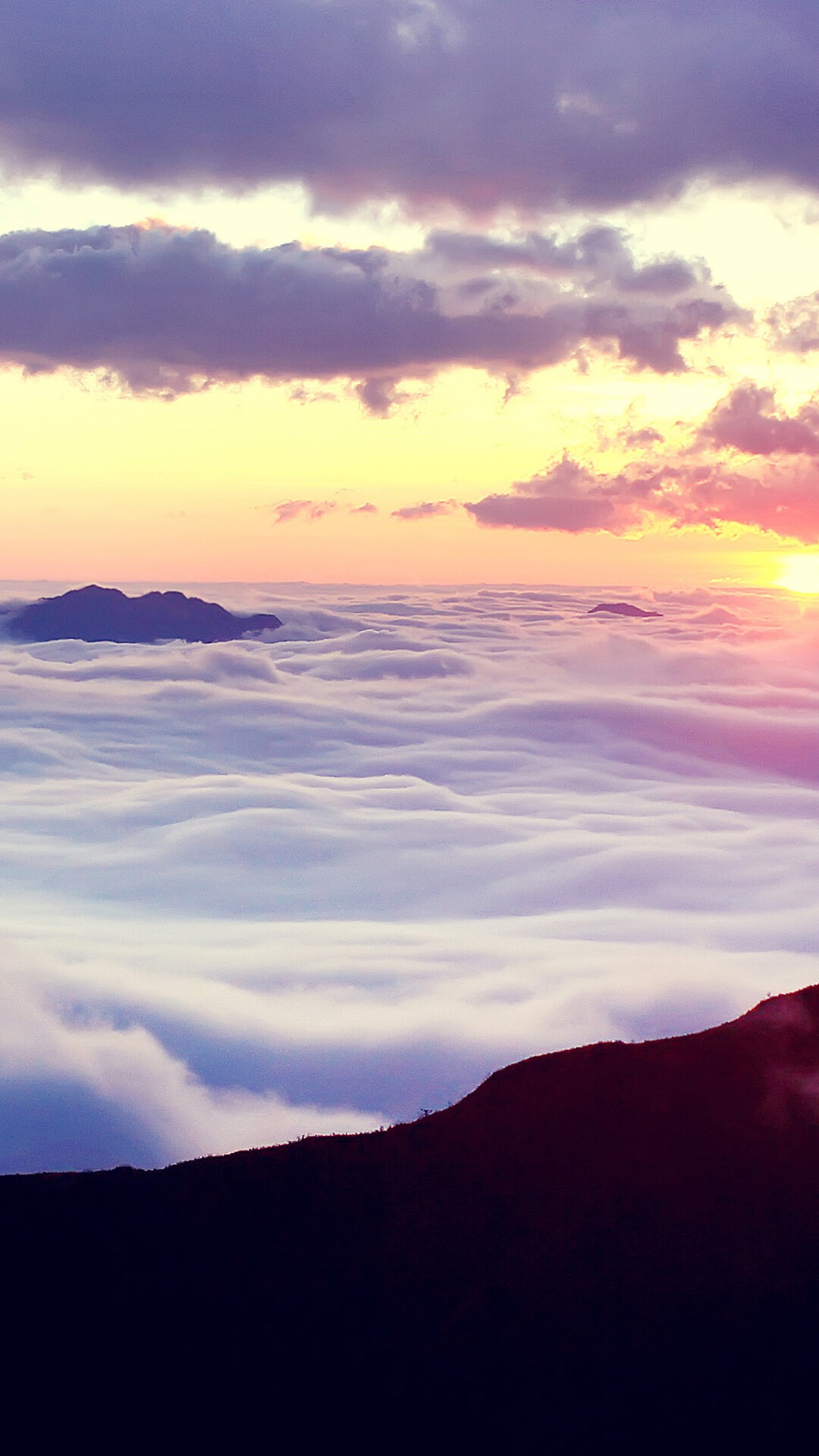 Sea of clouds, Sunset mountain silhouette, Purple pink sky — 1080×1920 HD wallpaper
