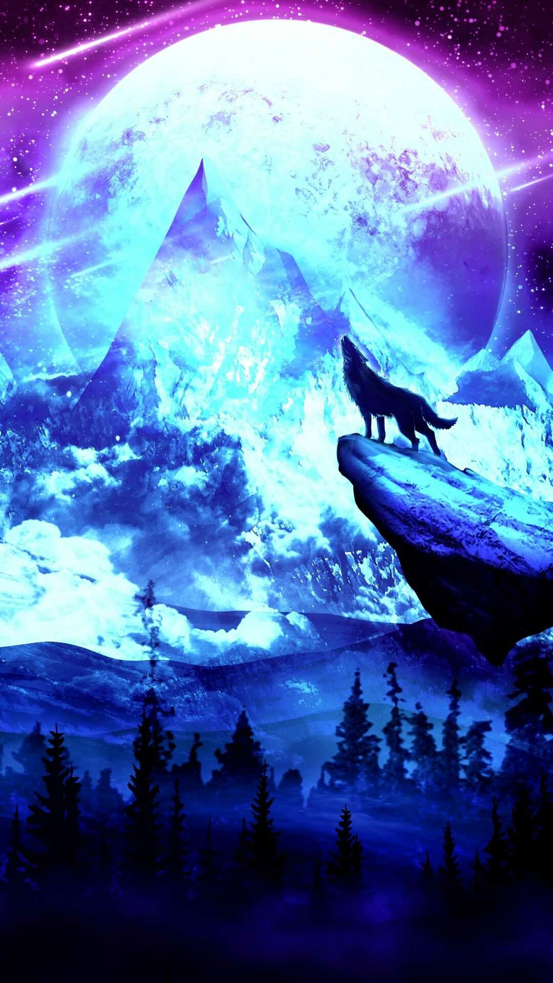 Howling wolf silhouette, Giant full moon, Icy mountain peaks, Pine forest with shooting stars — 1080×1920 HD wallpaper