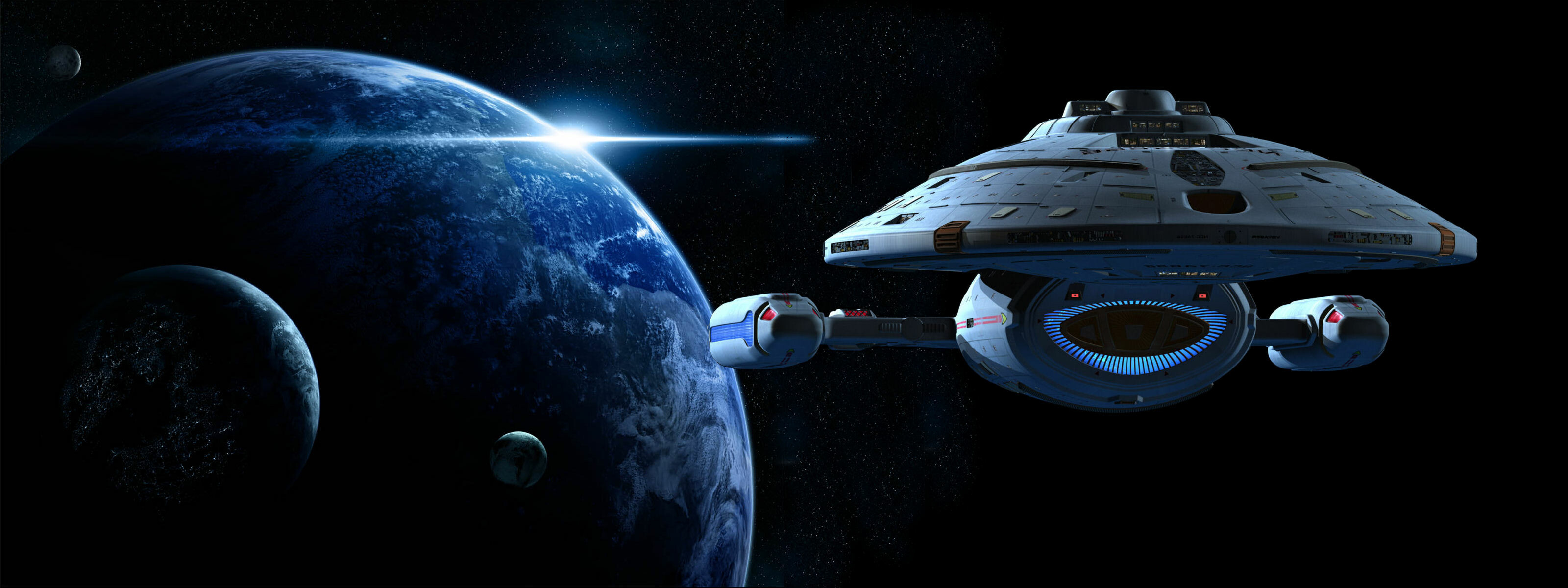 USS Voyager, Blue planet Earth, Deep space starfield, Dual Screen — 3200×1200 HD wallpaper