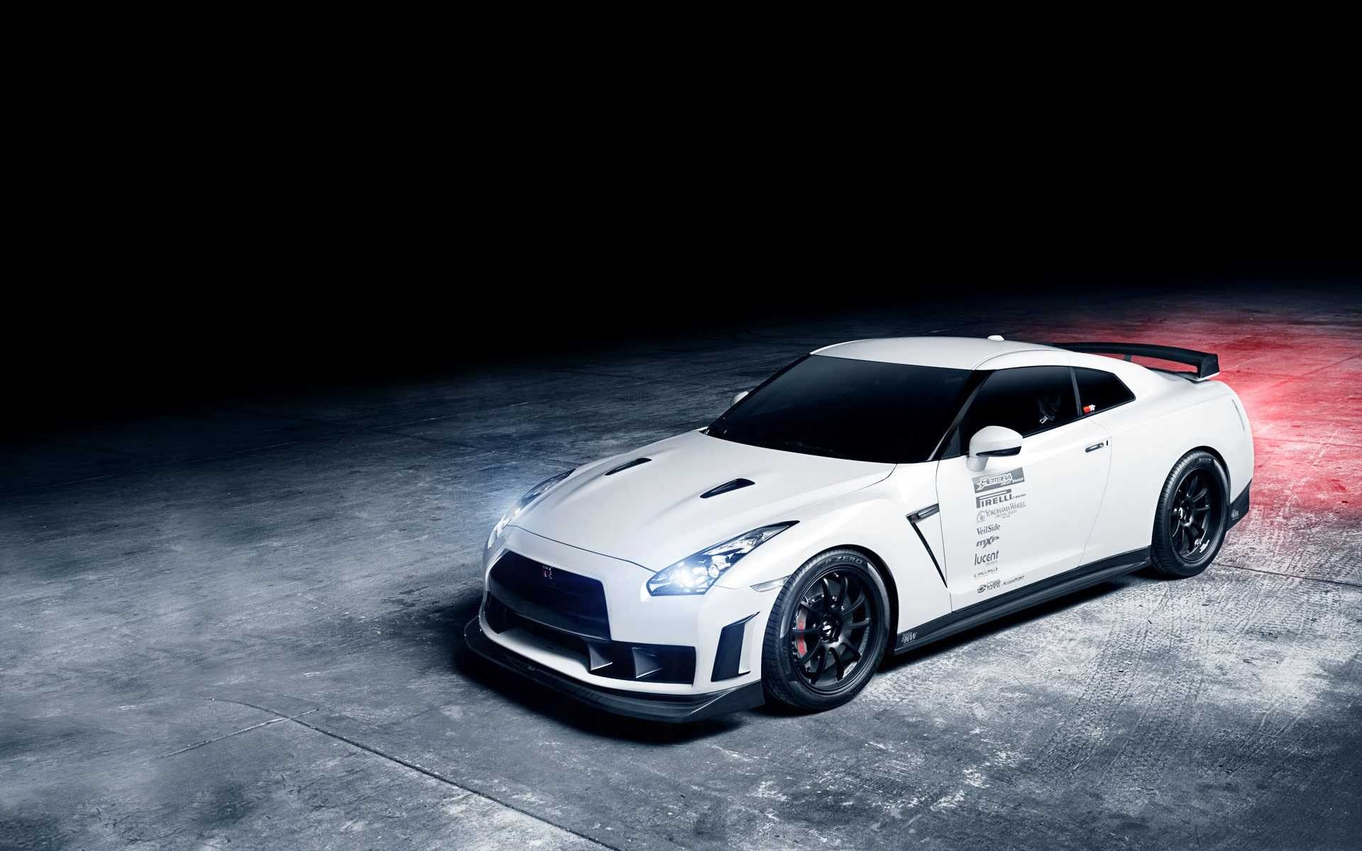 Nissan GT-R R35, Dark studio spotlight, Red rim lighting — 1920×1200 HD wallpaper