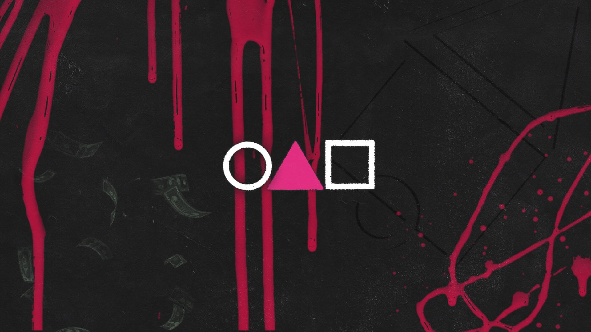 Circle triangle square symbols, Blood-drip black background, Floating scattered money — 1920×1080 HD wallpaper