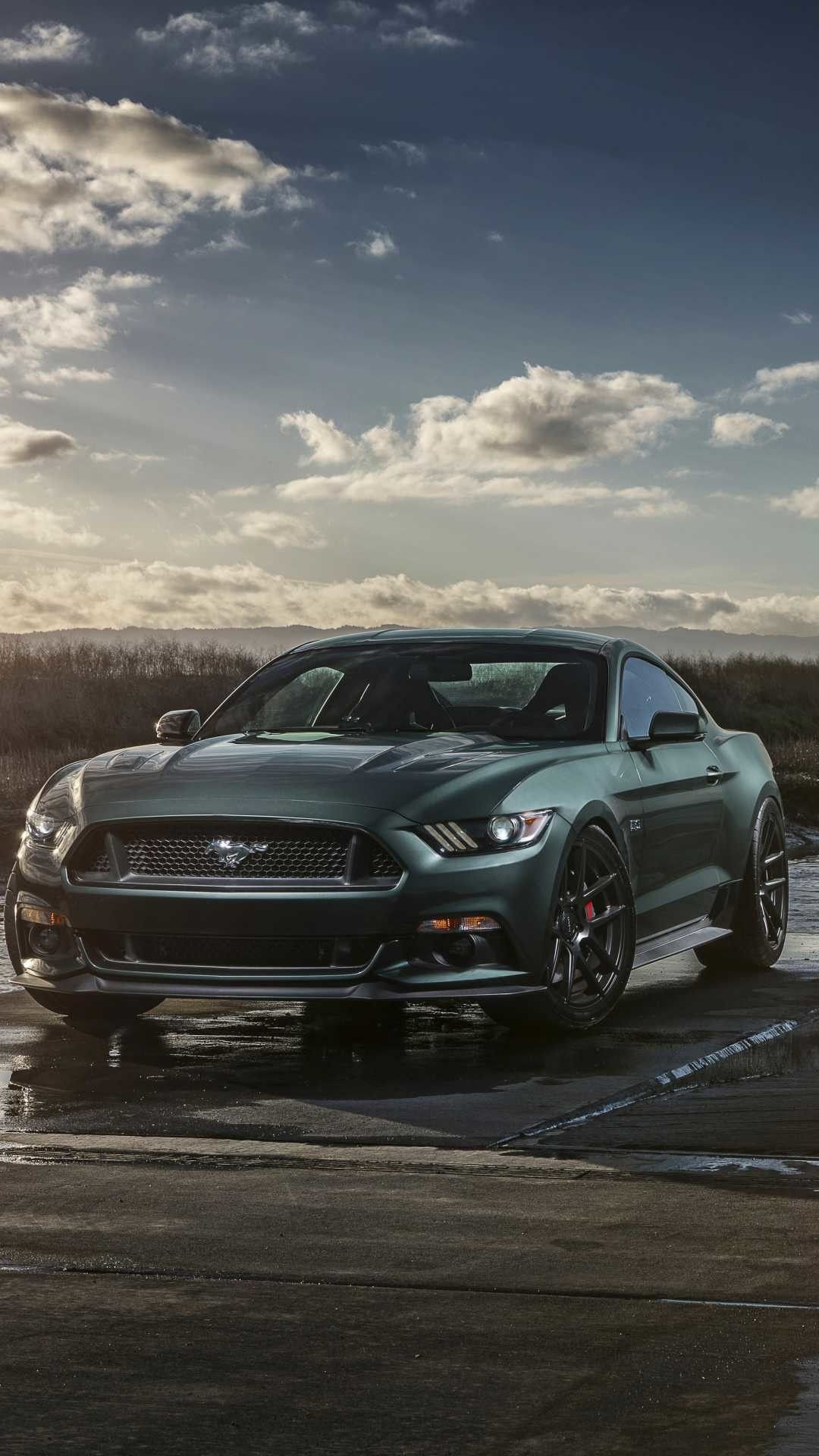 Green Ford S550 Mustang, Red brake calipers, Wet tarmac clouds — 1080×1920 HD wallpaper