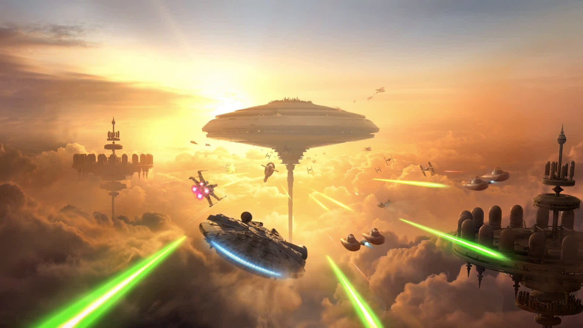 Millennium Falcon, X-wing, TIE fighter, Storm IV Twin-Pod Cloud Car, Rebel Alliance, Galactic Empire, Cloud City, Bespin — 1920×1080 HD wallpaper