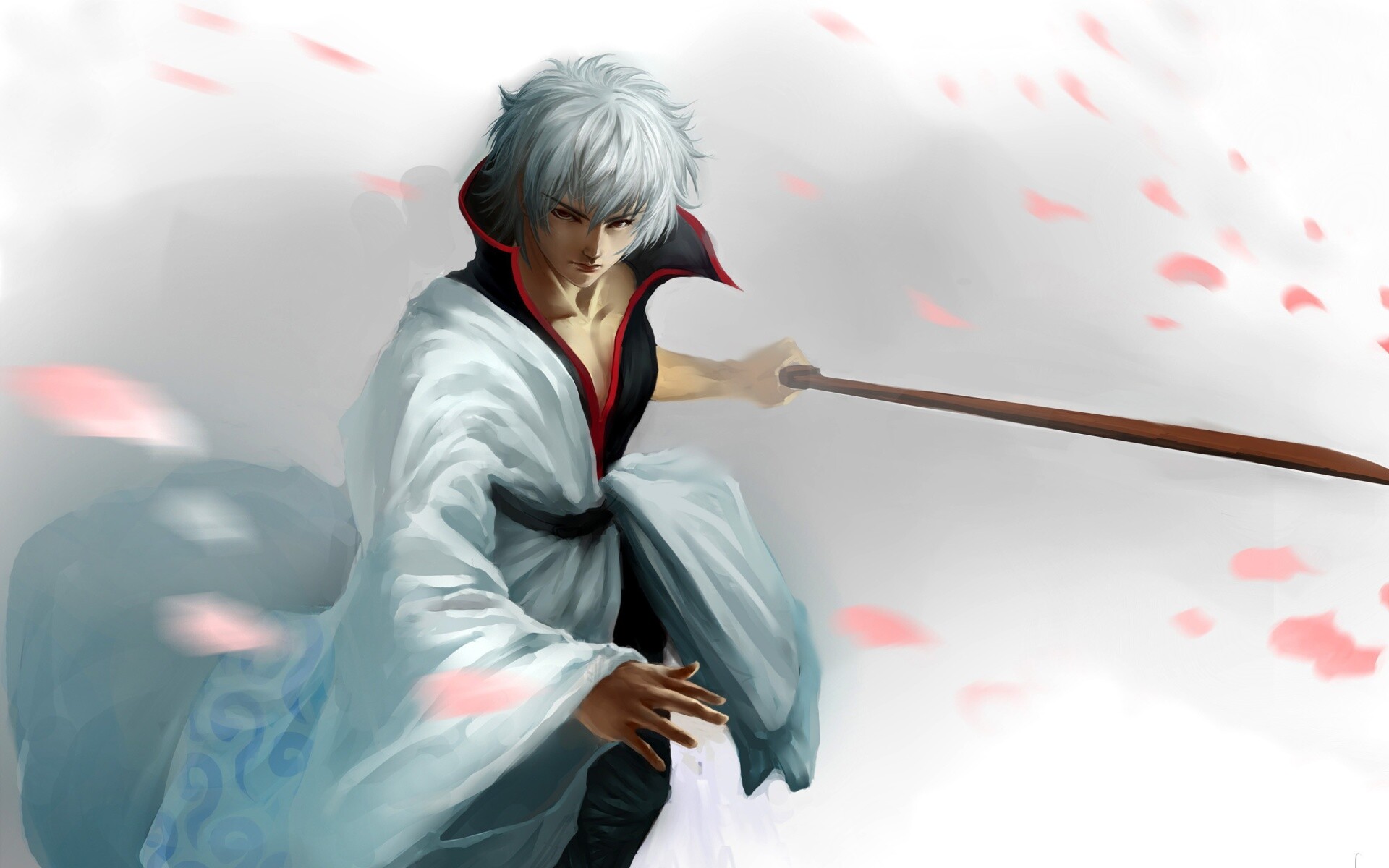 Gintoki Sakata, Wooden bokken, Cherry blossom petals — 1920×1200 HD wallpaper