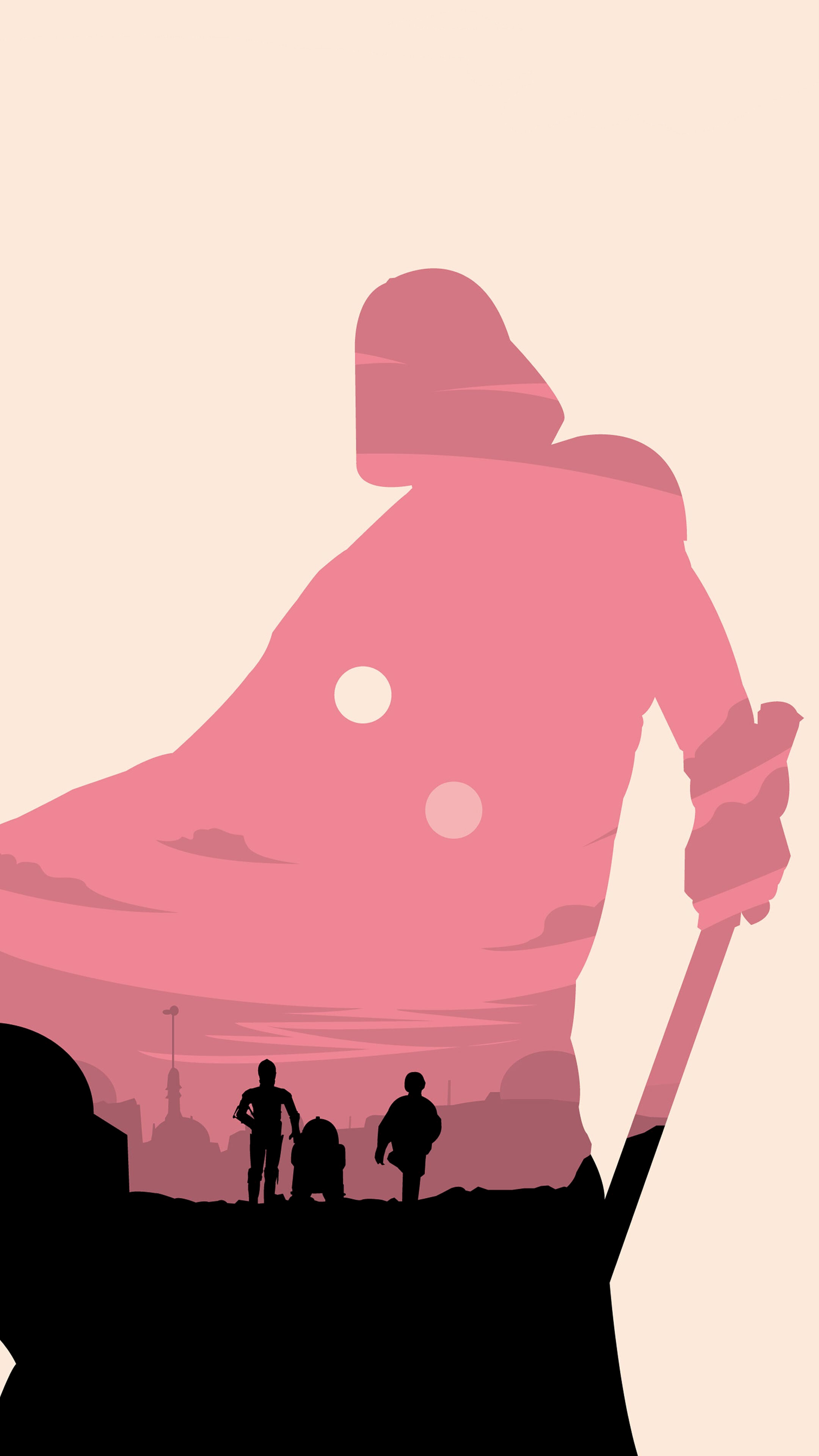 Darth Vader silhouette, Luke Skywalker, C-3PO and R2-D2, A New Hope, Tatooine twin suns — 2160×3840 HD wallpaper