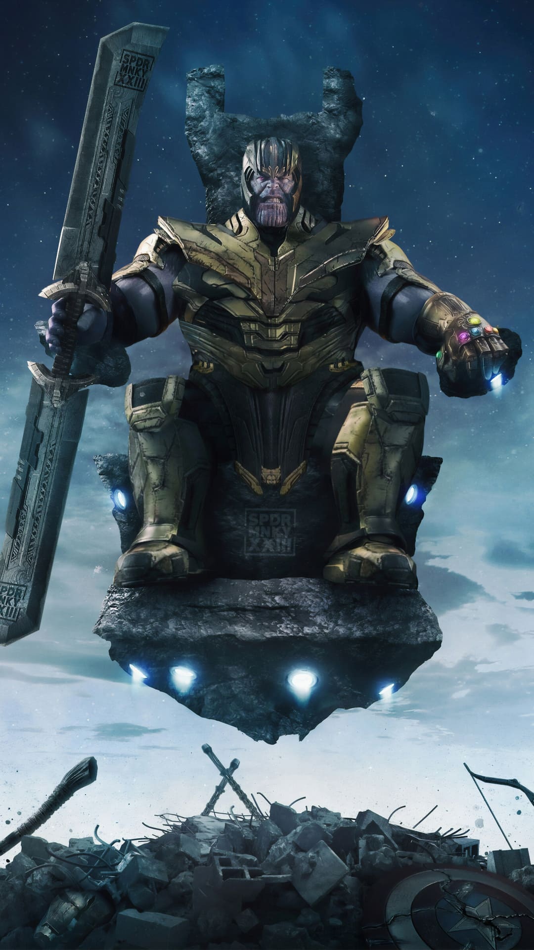 Thanos on throne, Infinity Gauntlet, Double-edged sword, Captain America shield — 1080×1920 HD wallpaper