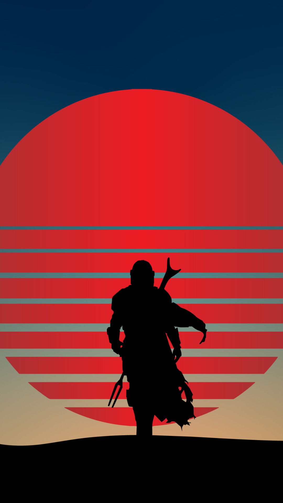 Din Djarin silhouette, Grogu, The Mandalorian, Retro striped red sun, Minimalist sunset — 1080×1920 HD wallpaper