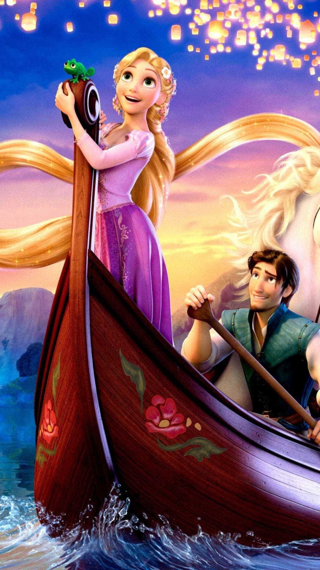 Rapunzel and Flynn Rider, Pascal chameleon, Floral wooden boat, Floating sky lanterns — 1080×1920 HD wallpaper