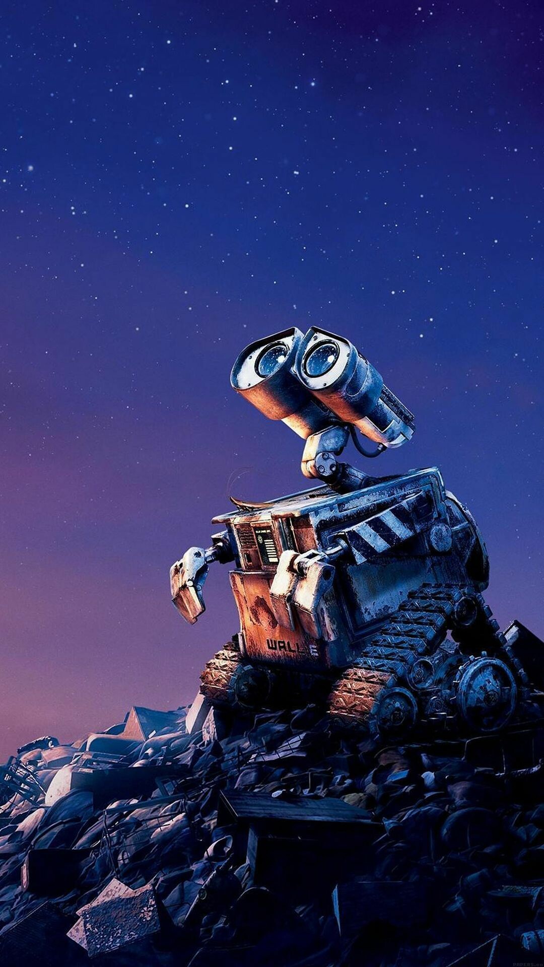 WALL-E robot, Trash heap mound, Starry twilight sky — 1080×1920 HD wallpaper