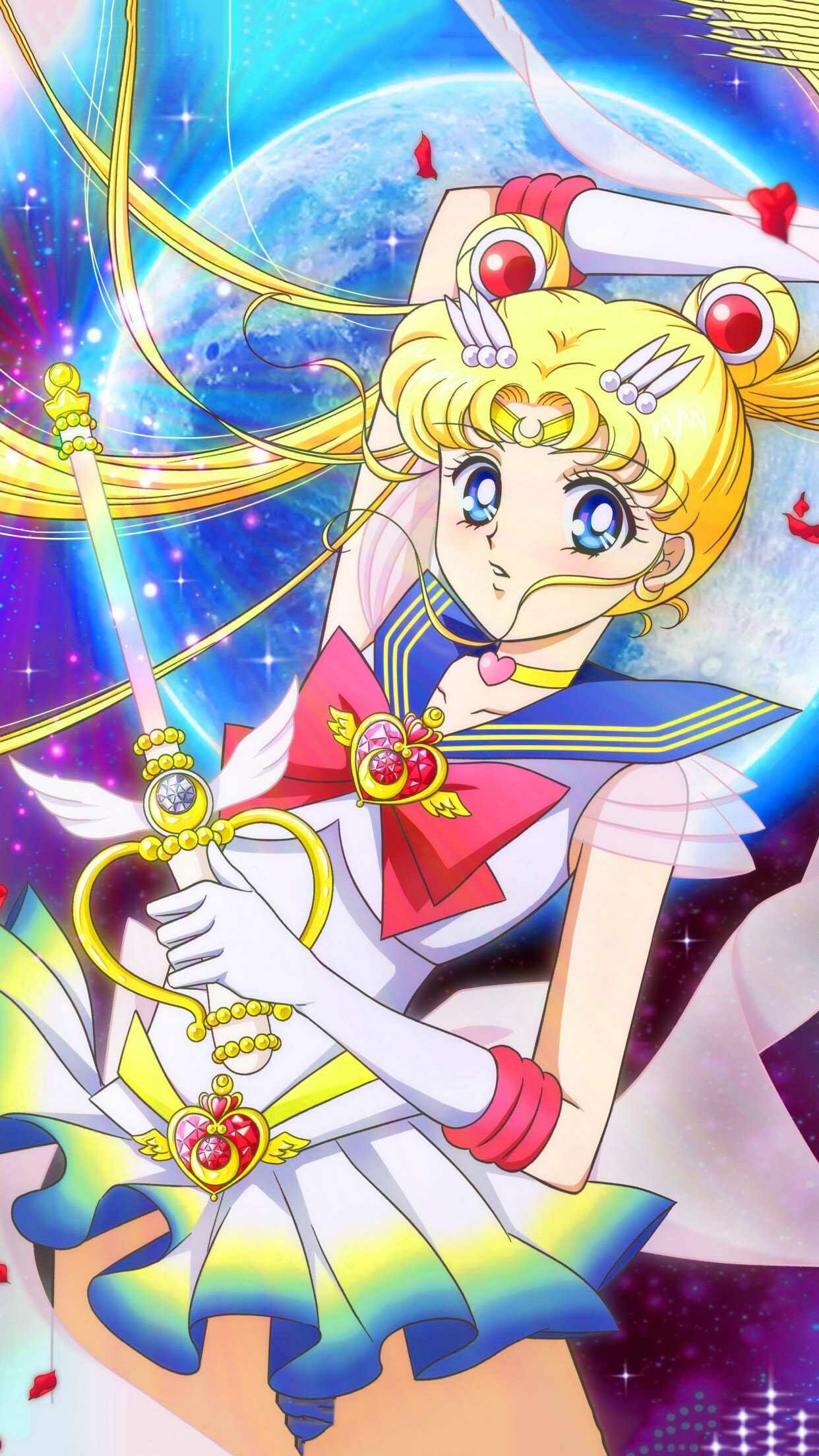 Super Sailor Moon, Moon Kaleidoscope wand, Cosmic starry backdrop — 1242×2208 HD wallpaper