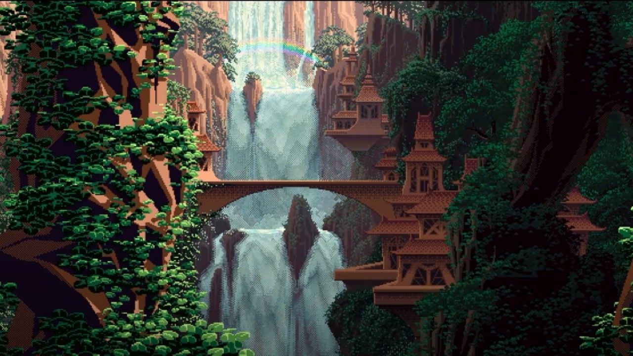 Pixel art waterfall, Canyon stone bridge, Pagoda cliff temples, Rainbow forest gorge — 1280×720 HD wallpaper