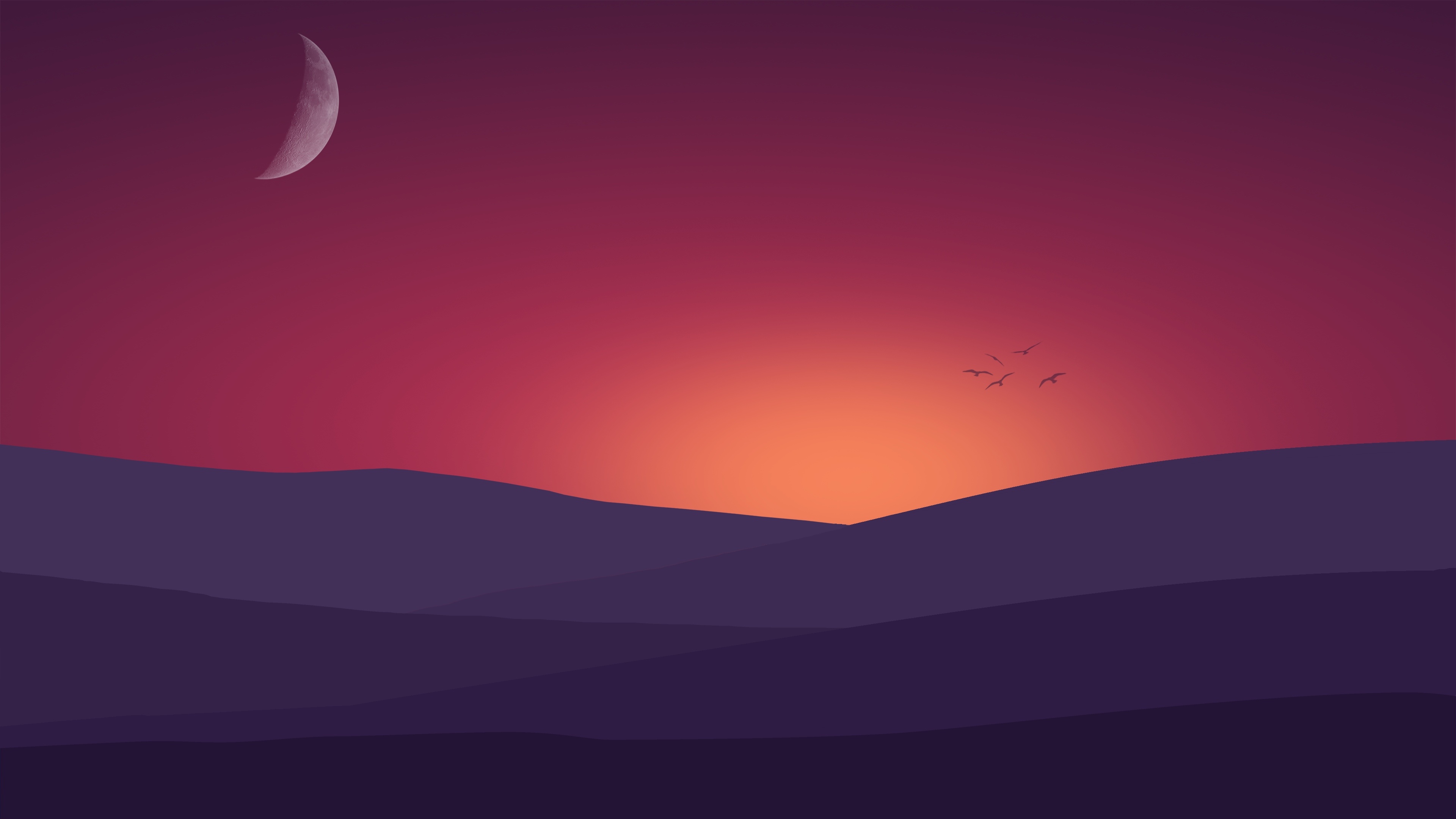 Crescent moon dusk, Purple layered hills, Orange horizon glow — 3840×2160 HD wallpaper