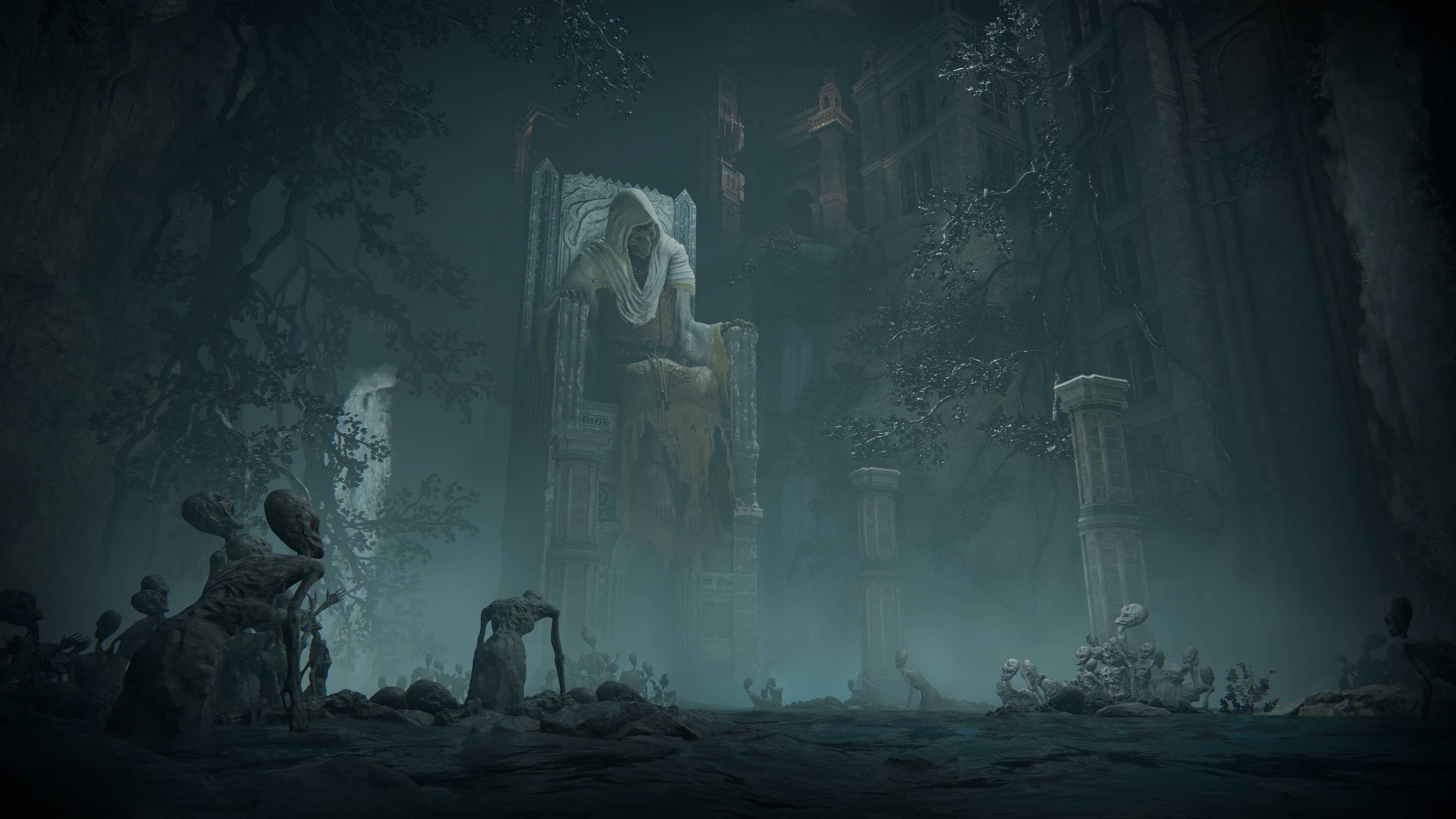 Gideon Ofnir throne, Misty ruined chamber, Stone pillars skeletal figures — 3840×2160 HD wallpaper