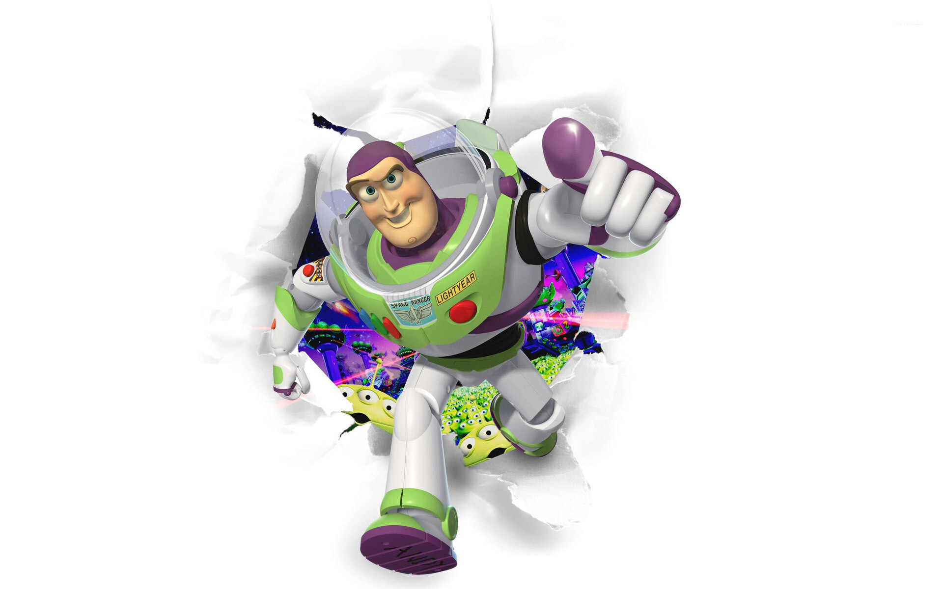 Buzz Lightyear spaceman, Little green aliens, Torn paper burst, Plain white backdrop — 1920×1200 HD wallpaper
