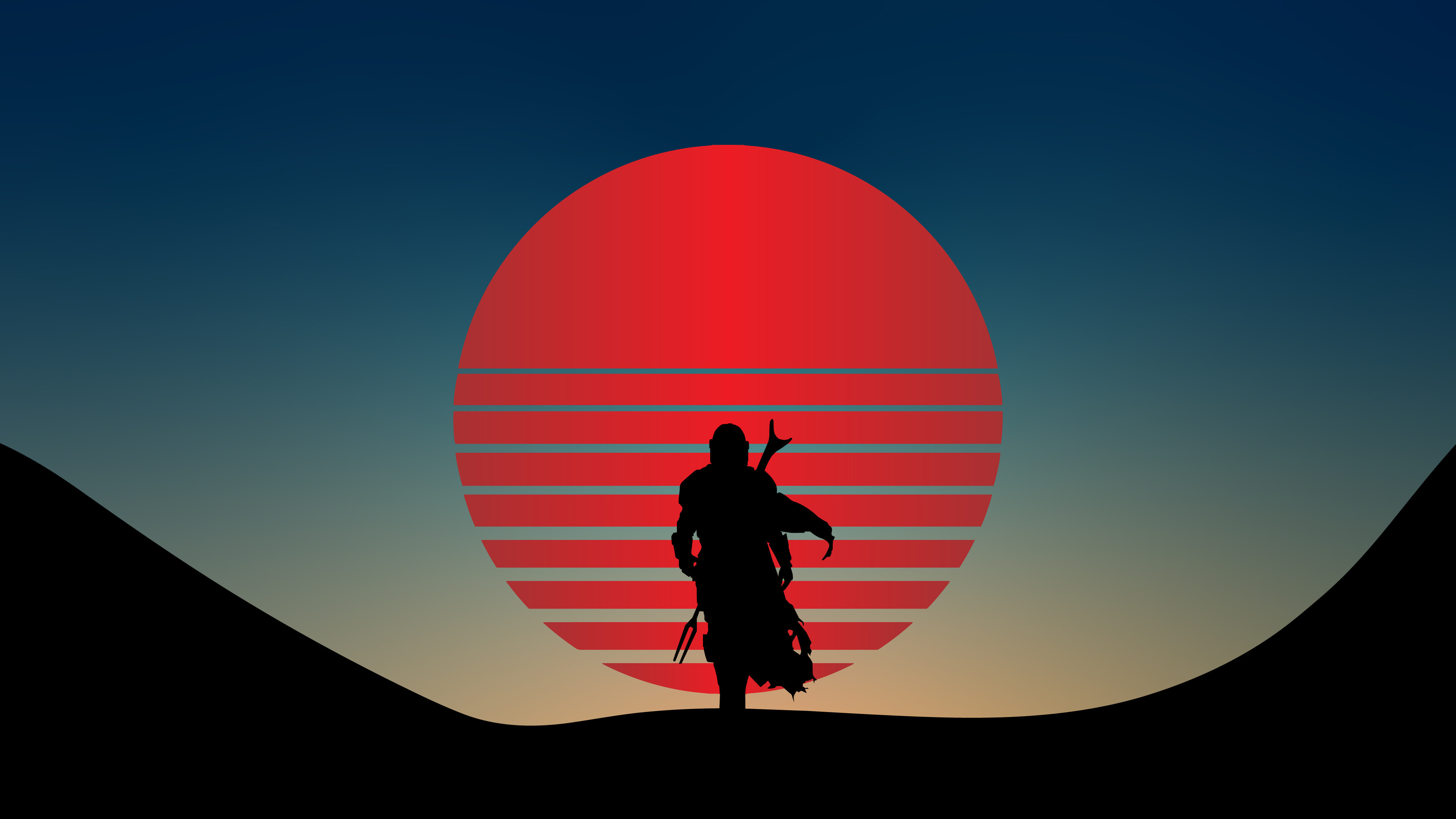 Din Djarin silhouette, Grogu, The Mandalorian, Retro striped red sun, Minimalist desert sunset — 3840×2160 HD wallpaper