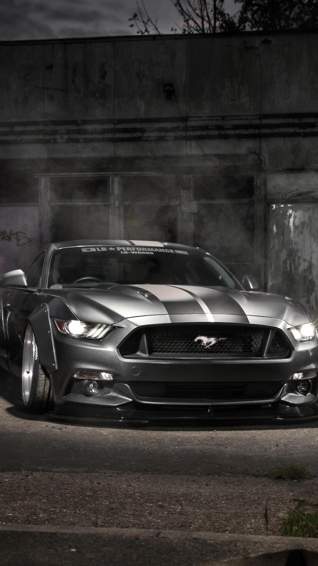 Ford Mustang GT, LB Performance windshield banner, Dark industrial garage — 1080×1920 HD wallpaper