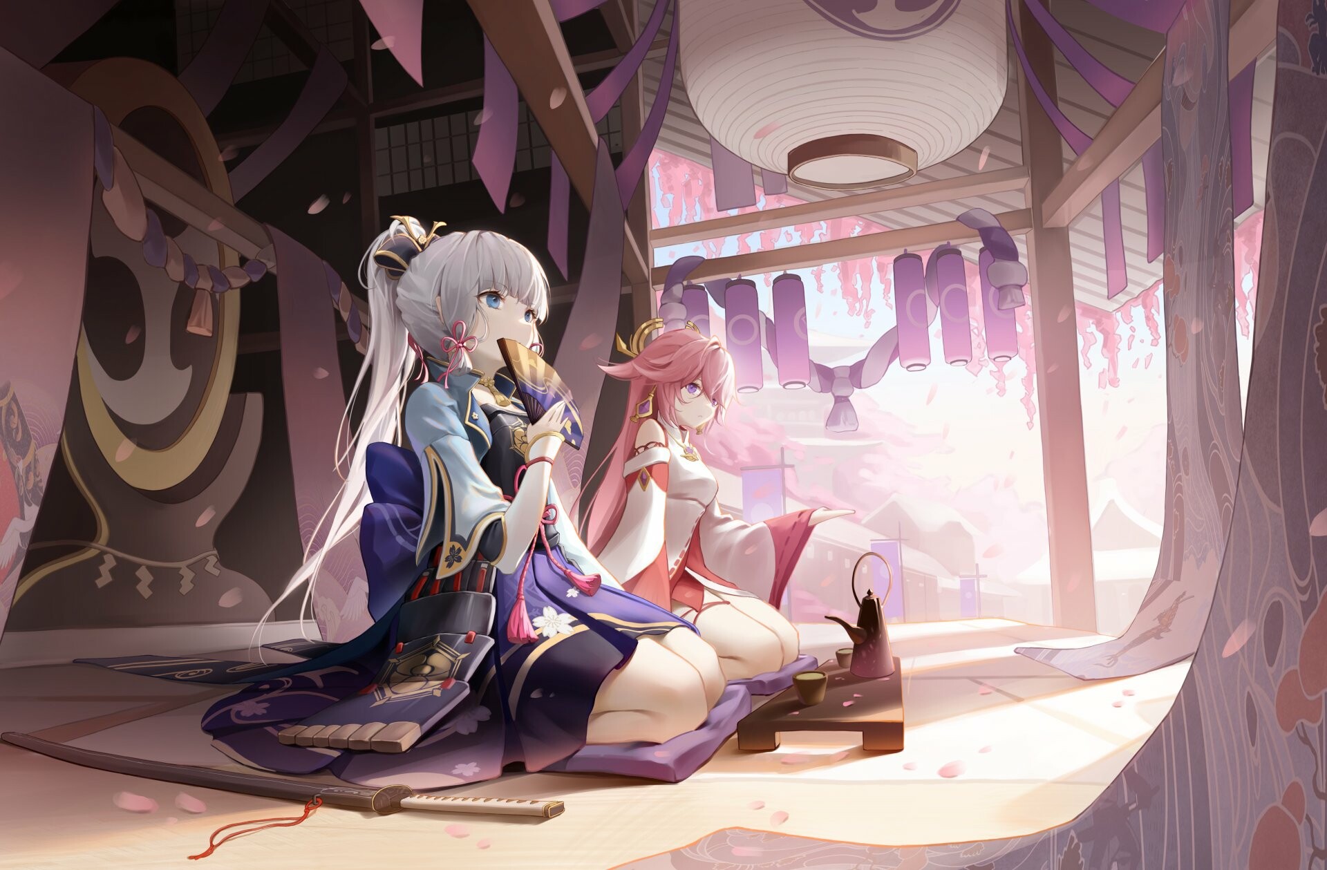 Kamisato Ayaka, Yae Miko, Inazuma shrine interior — 1920×1259 HD wallpaper
