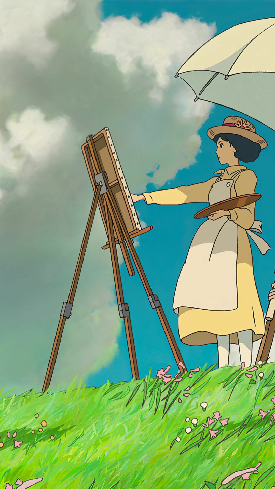Nahoko Satomi painting, Wooden easel tripod, Grassy hilltop wildflowers, White parasol cloudy sky — 1080×1920 HD wallpaper