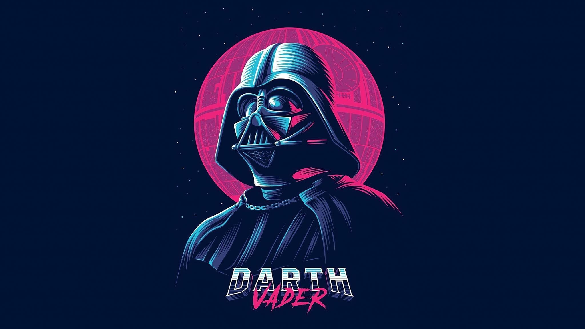 Darth Vader helmet, Death Star, Retro synthwave neon, Pink blue palette — 2048×1152 HD wallpaper