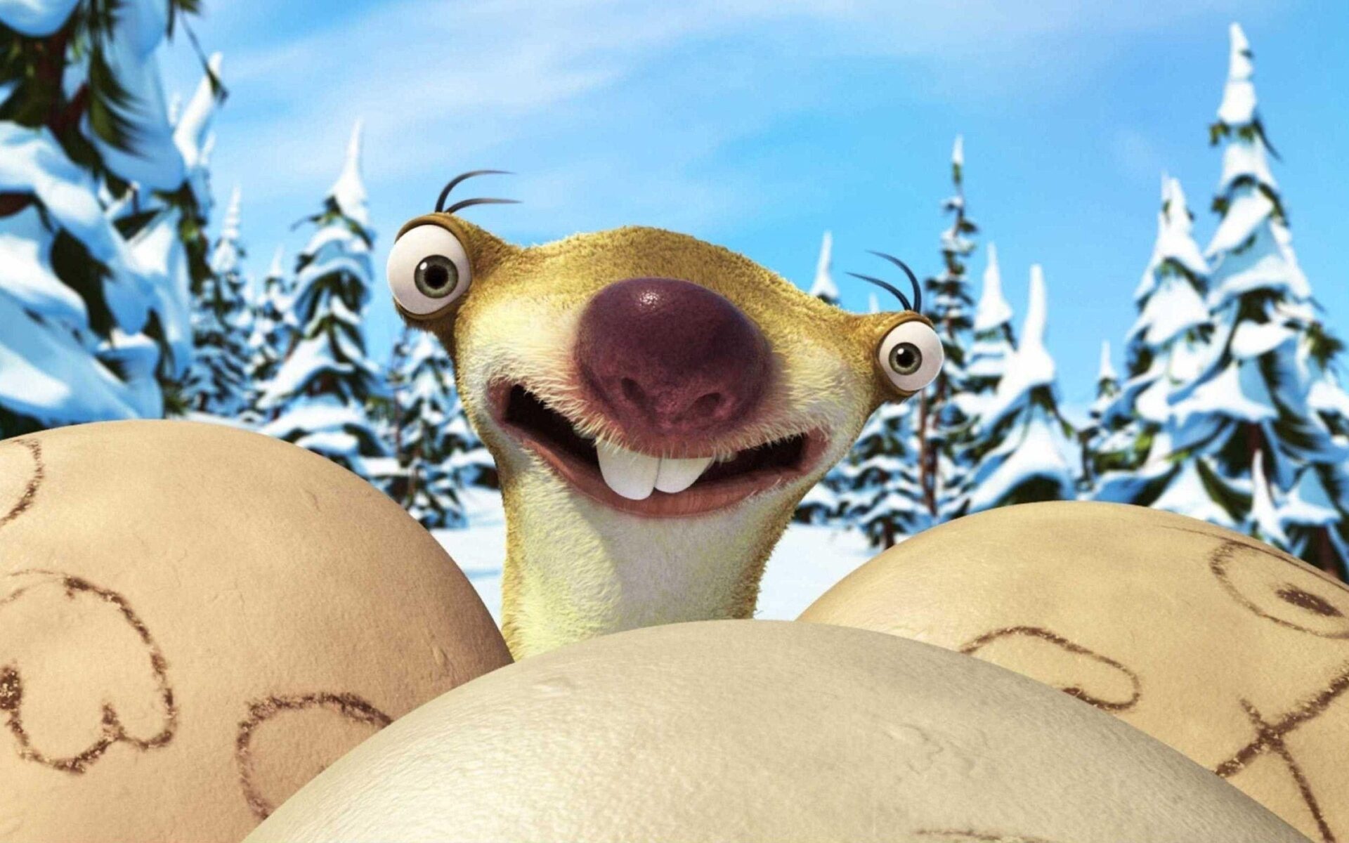 Sid the sloth, Dinosaur eggs, Snowy pine forest — 1920×1200 HD wallpaper
