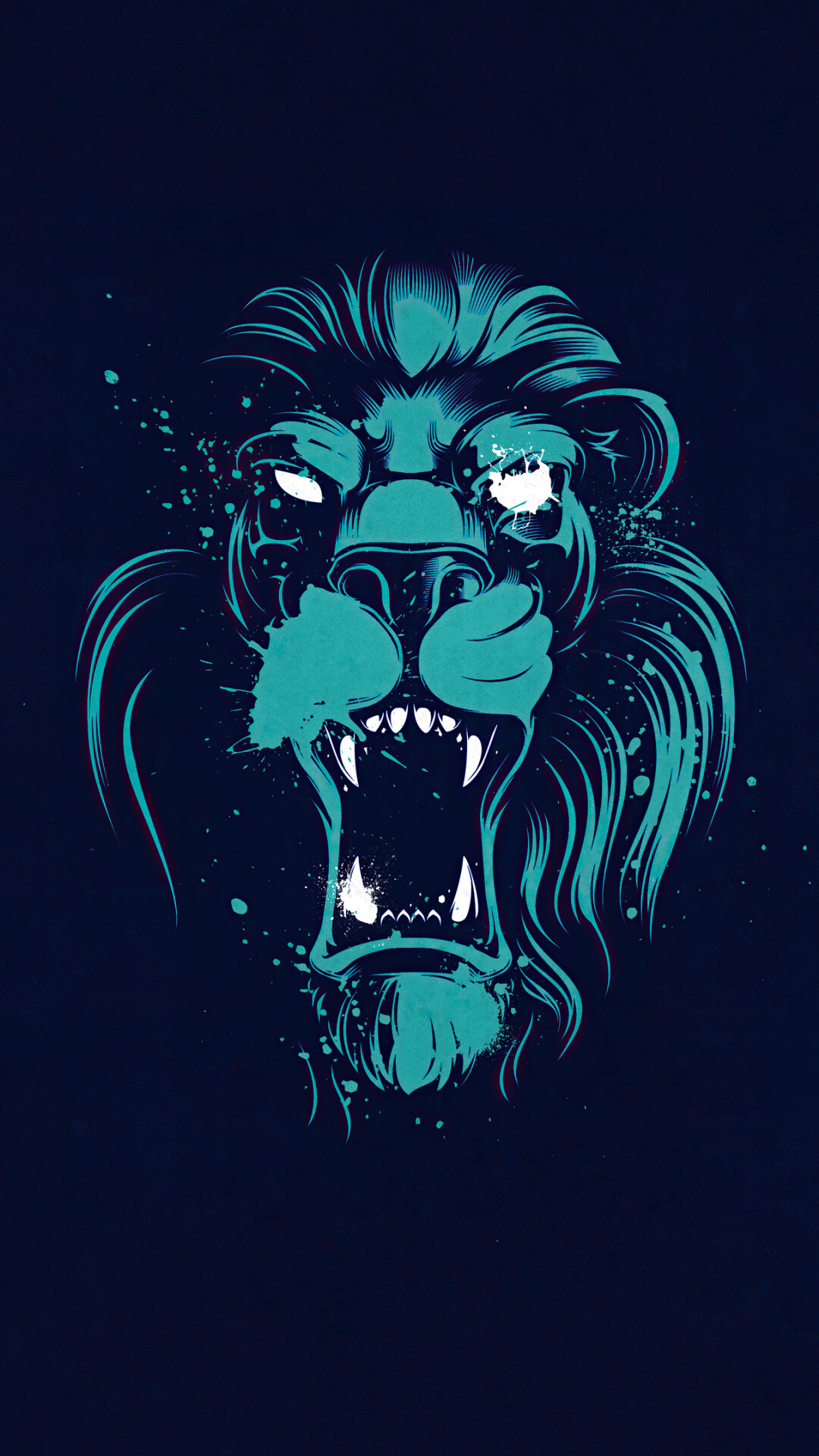 Roaring lion illustration, Teal ink splatter, Dark navy background — 1080×1920 HD wallpaper