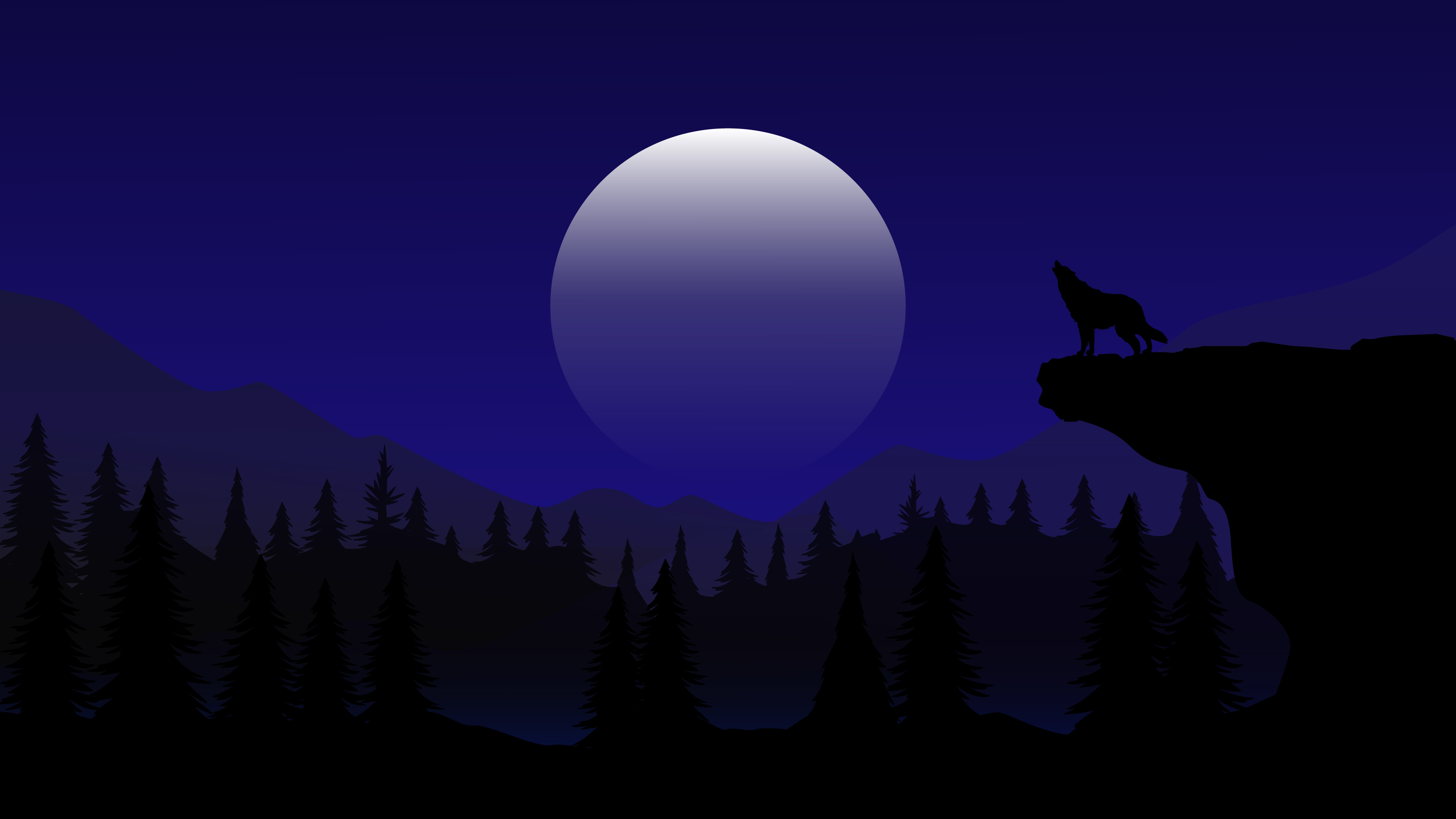 Howling wolf silhouette, Full moon, Pine forest cliff — 3840×2160 HD wallpaper