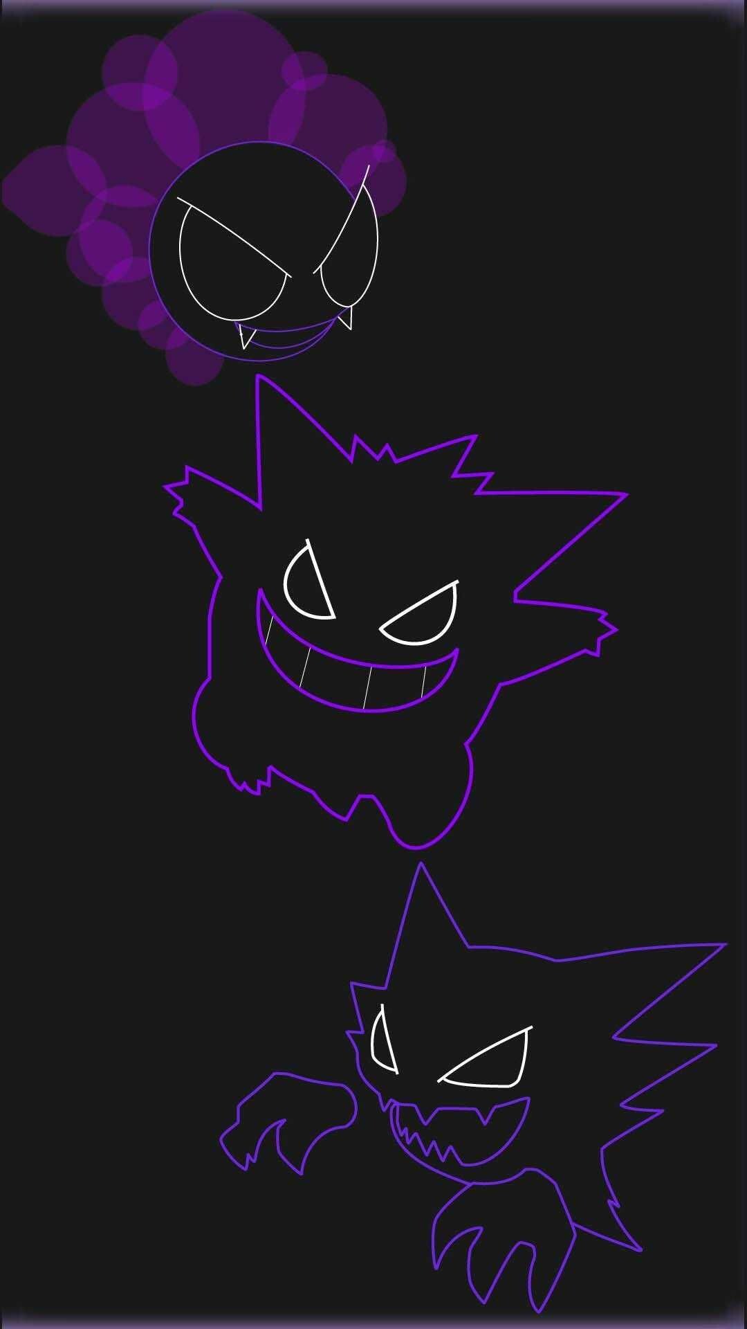 Gastly Gengar Haunter neon outlines, Purple neon line art, Black background — 1080×1920 HD wallpaper
