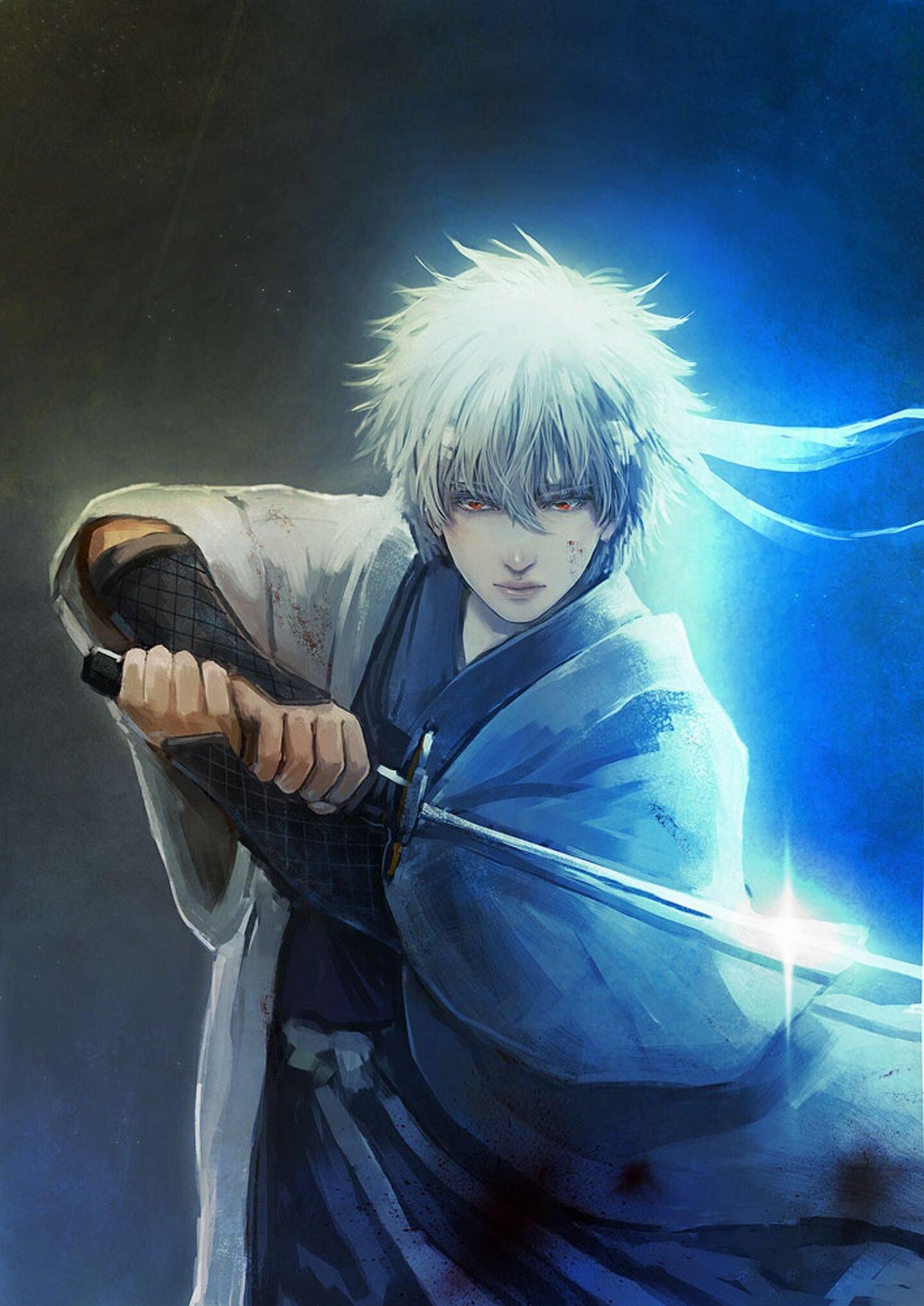 Gintoki Sakata, Wooden bokken, Blue kimono — 1440×2035 HD wallpaper