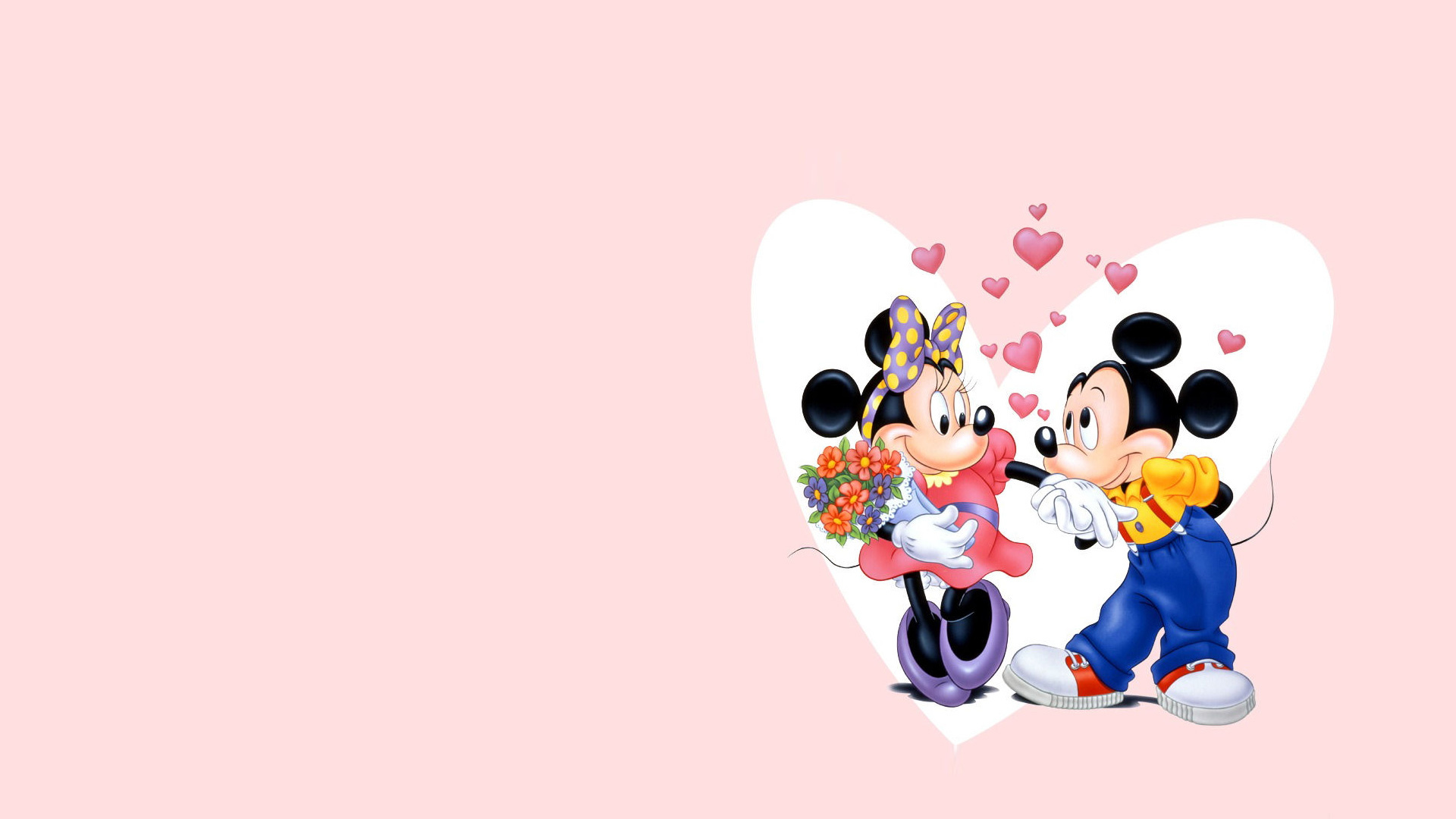 Mickey and Minnie Mouse, Flower bouquet gift, Pink hearts — 1920×1080 HD wallpaper