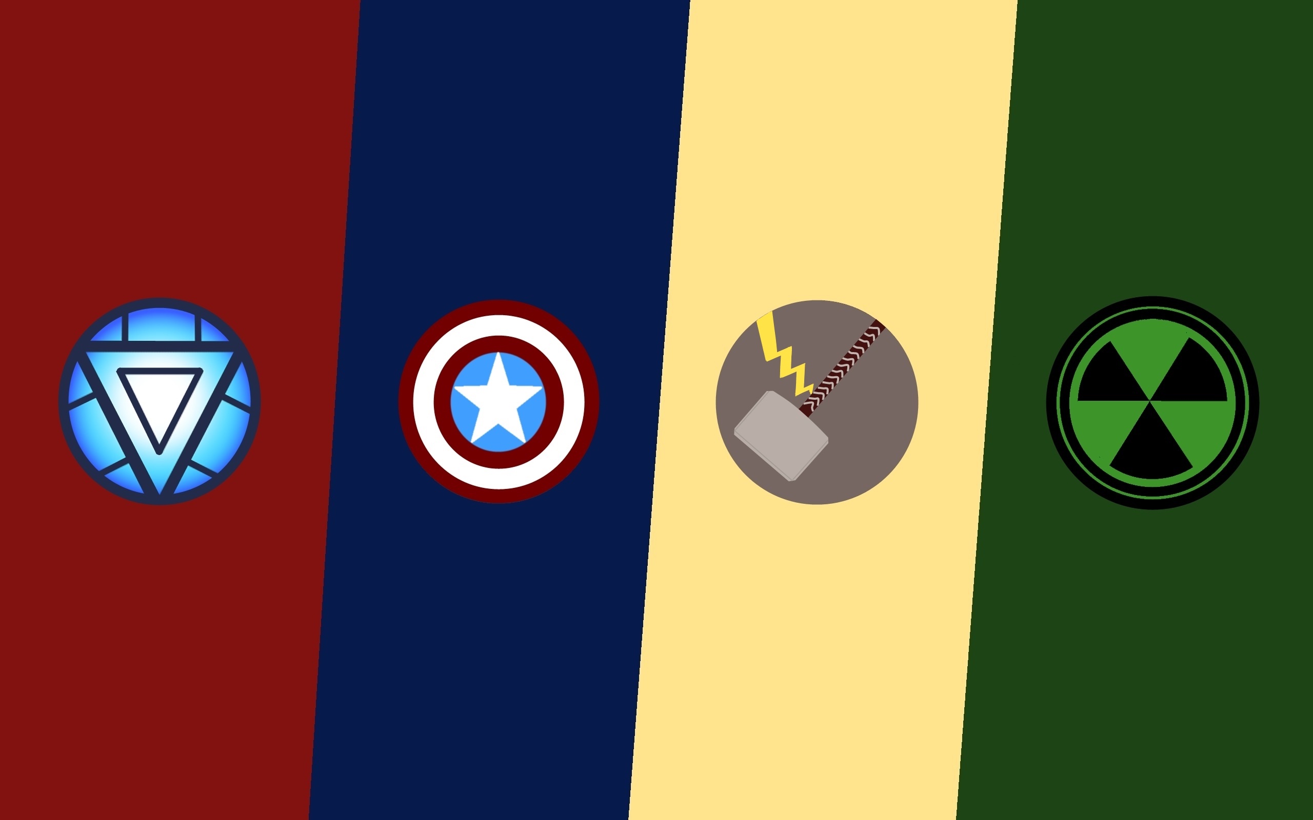 Iron Man arc reactor, Captain America shield, Thor Mjolnir hammer, Four Avengers icons — 2560×1600 HD wallpaper