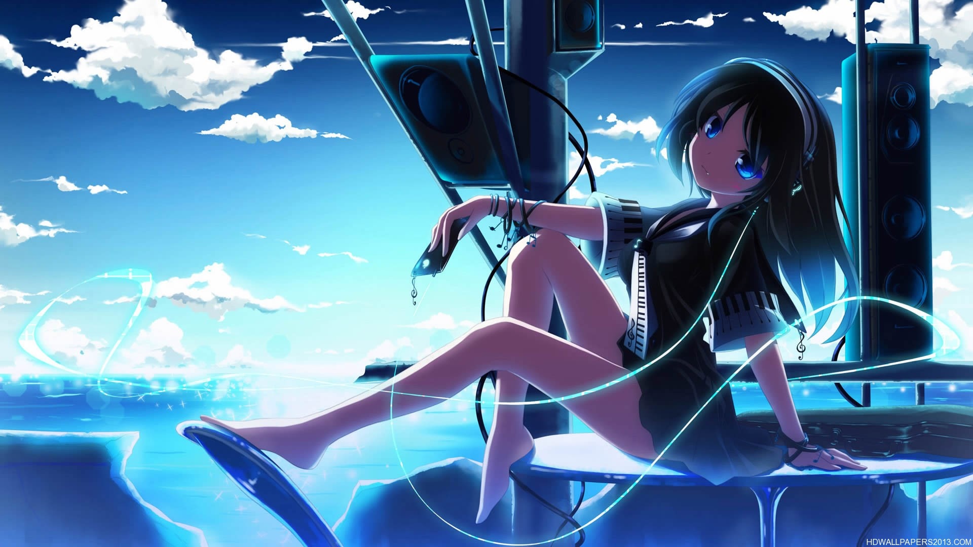 Headphones anime girl, Giant loudspeakers, Glowing blue seascape — 1920×1080 HD wallpaper