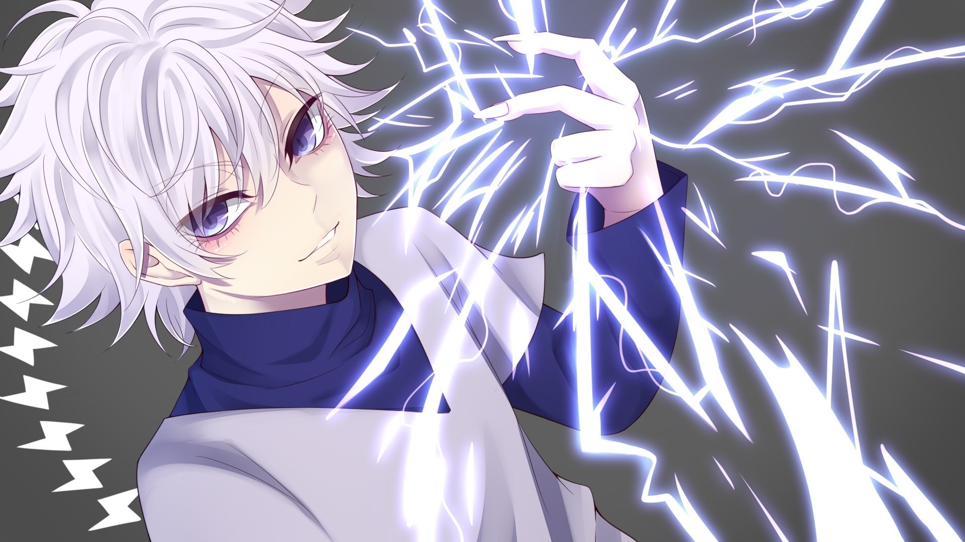 Killua Zoldyck, Electric Nen lightning, Cool grey glow — 1920×1080 HD wallpaper