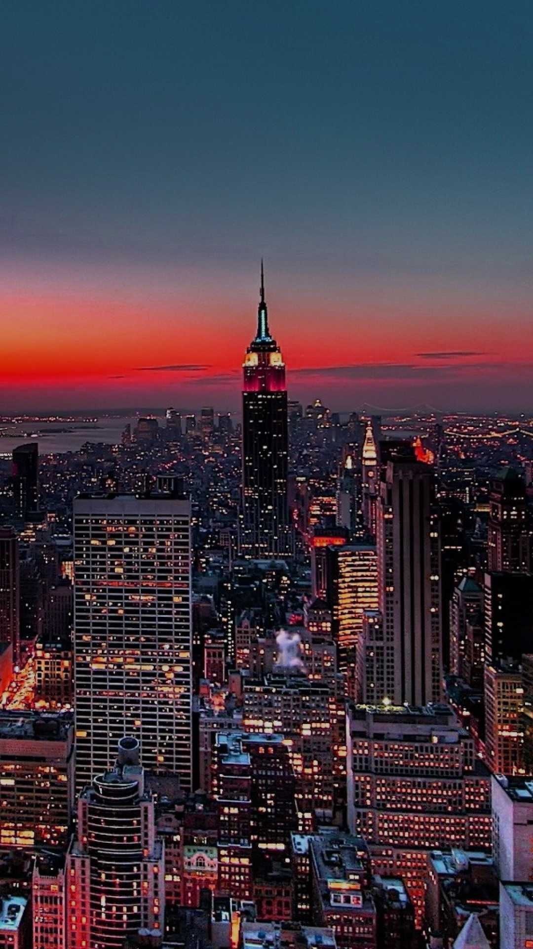 Empire State Building night, Top of the Rock aerial, Red sunset horizon, Manhattan — 1080×1920 HD wallpaper