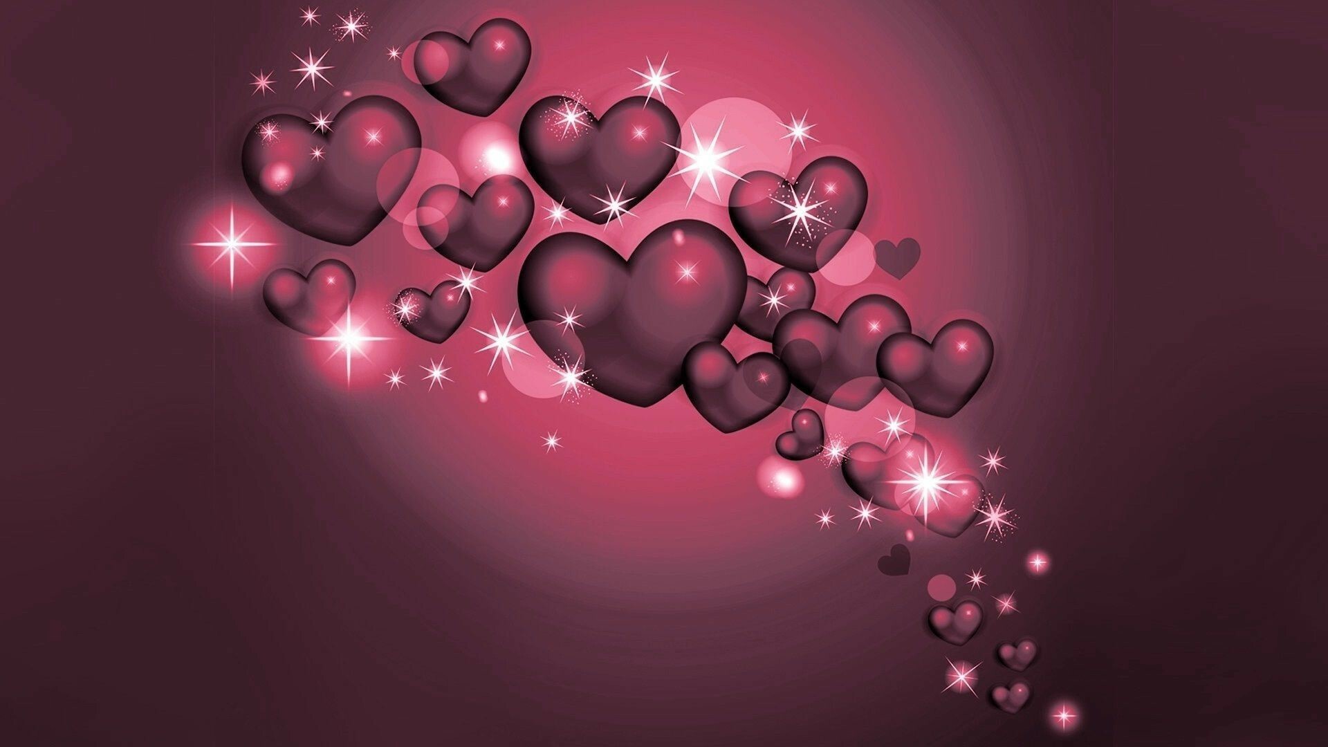Glossy pink hearts cluster, Sparkle star bursts, Dark magenta gradient — 1920×1080 HD wallpaper