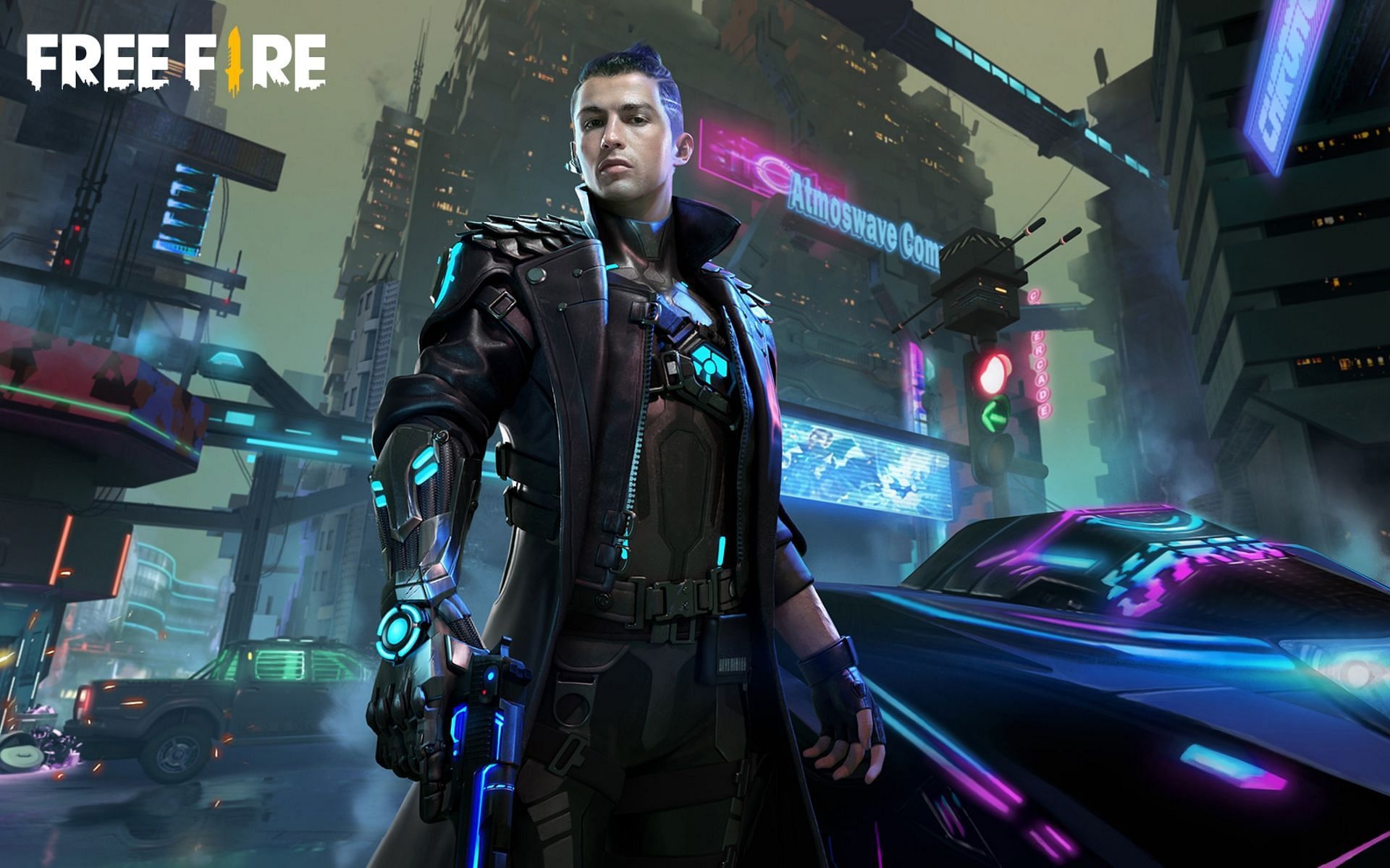 Cybernetic-armed soldier, Neon cyberpunk cityscape, Purple neon glow — 1920×1200 HD wallpaper