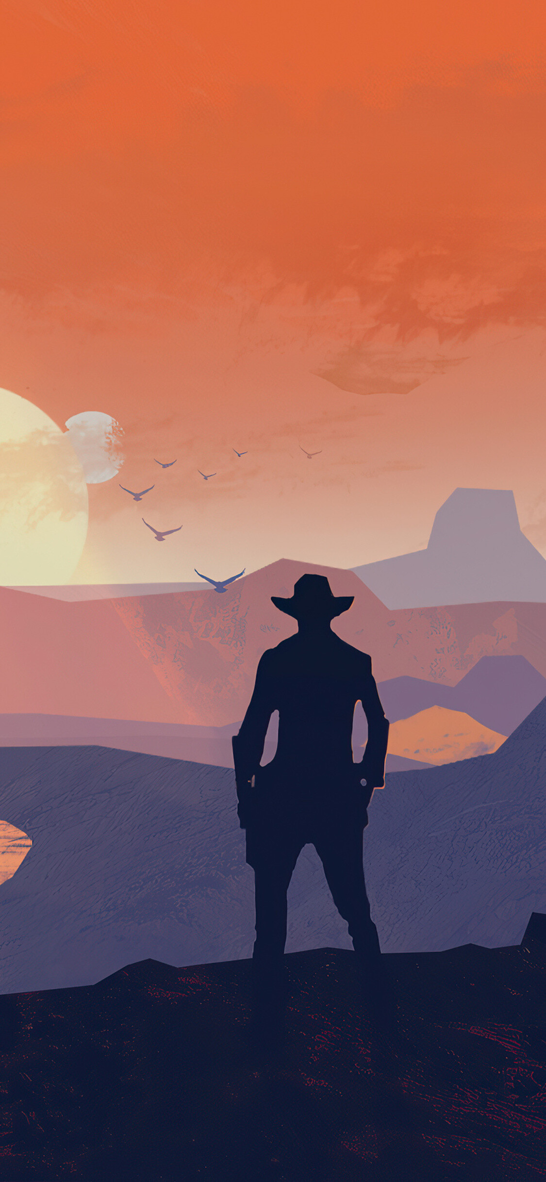 Cowboy silhouette, Minimalist canyon landscape, Twin pale moons — 1125×2436 HD wallpaper