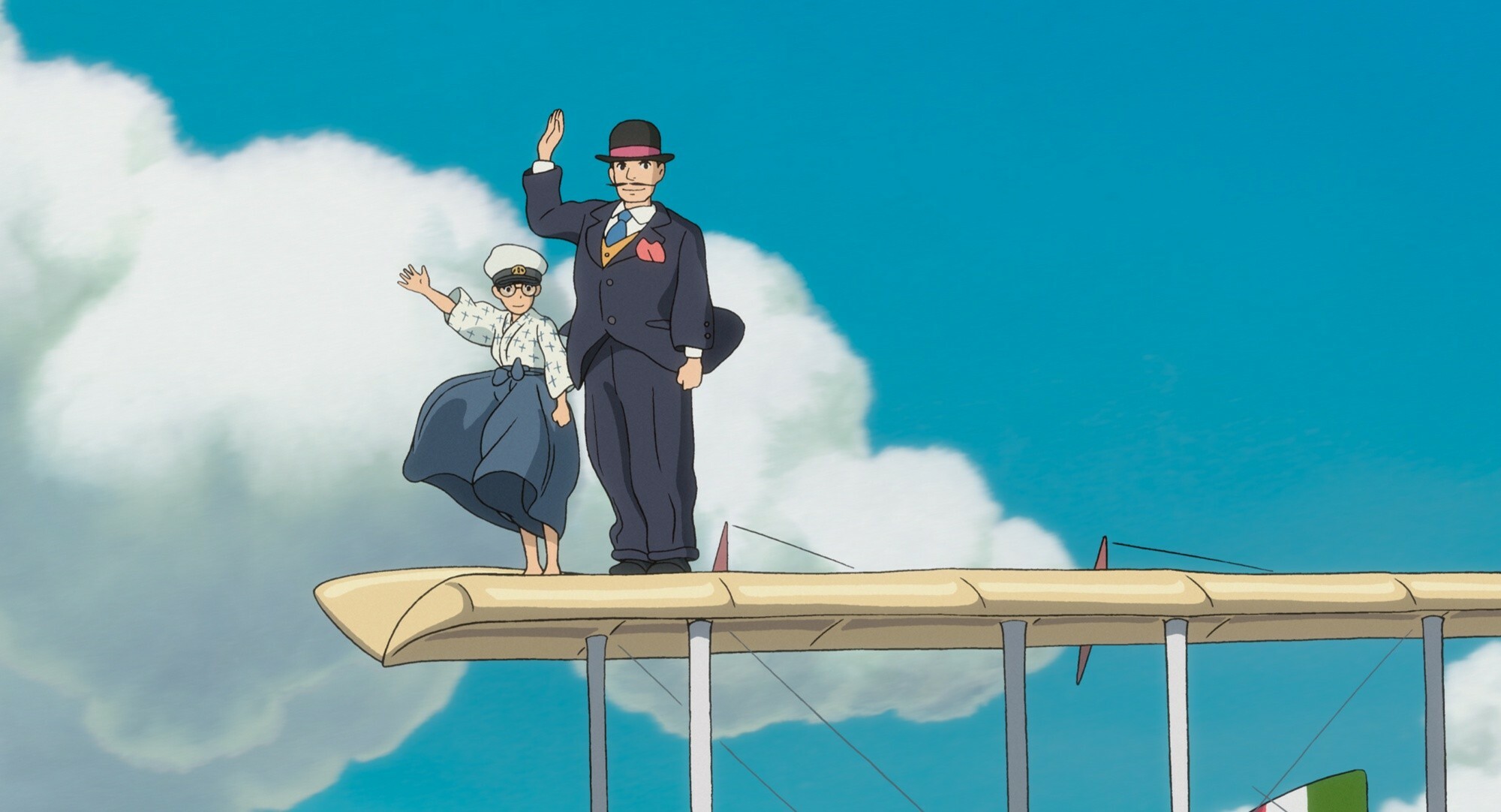 Caproni and Jiro, Biplane wing standing, Cumulus cloud sky — 2000×1082 HD wallpaper