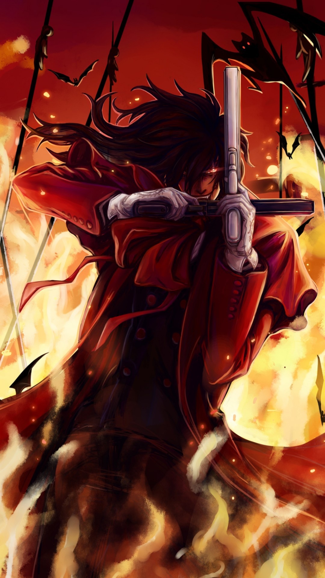 Alucard Hellsing, Crossed pistols aim, Fiery bat swarm — 1080×1920 HD wallpaper