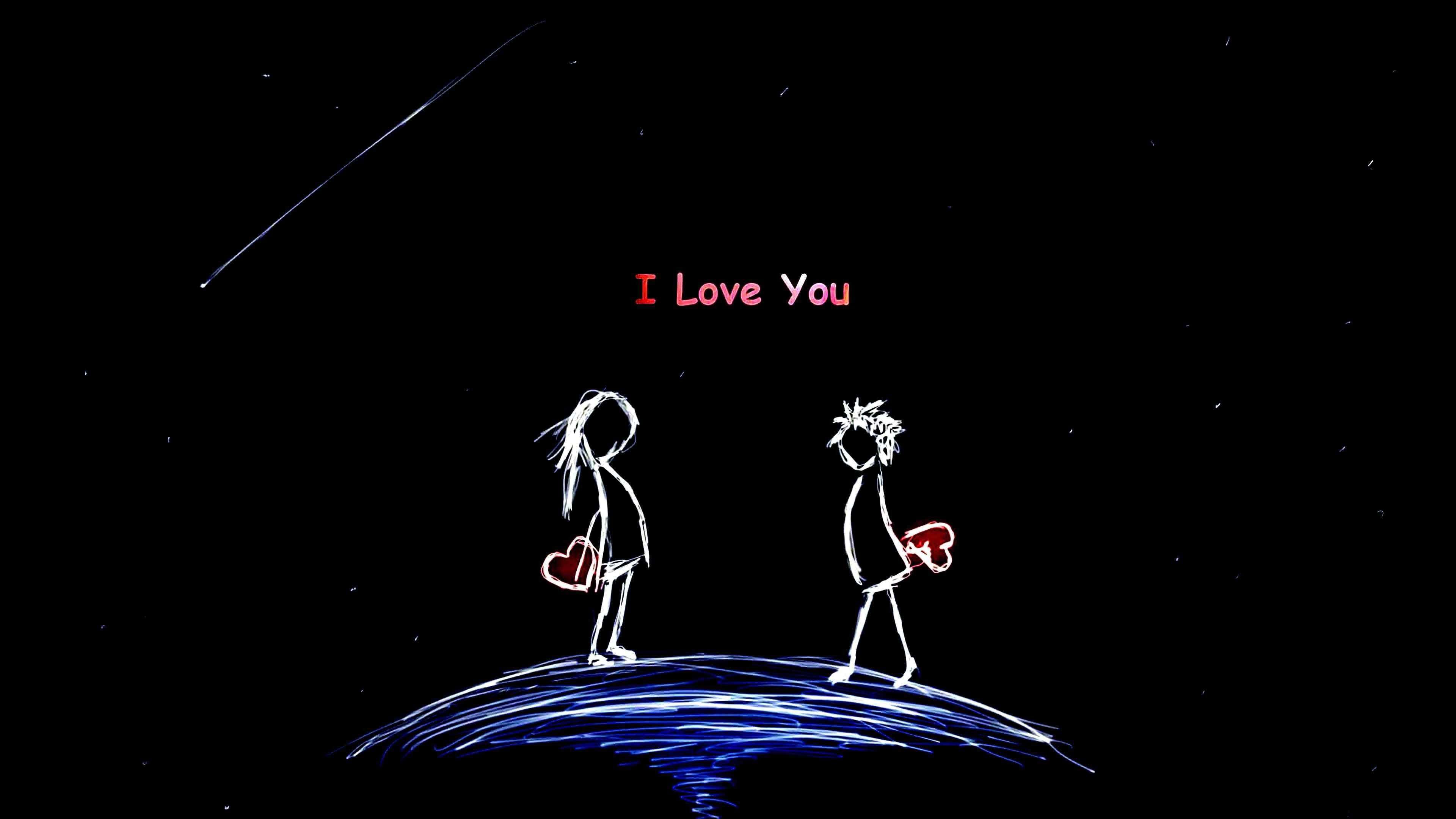 Doodle couple holding hearts, I Love You text, Shooting star night — 3840×2160 HD wallpaper