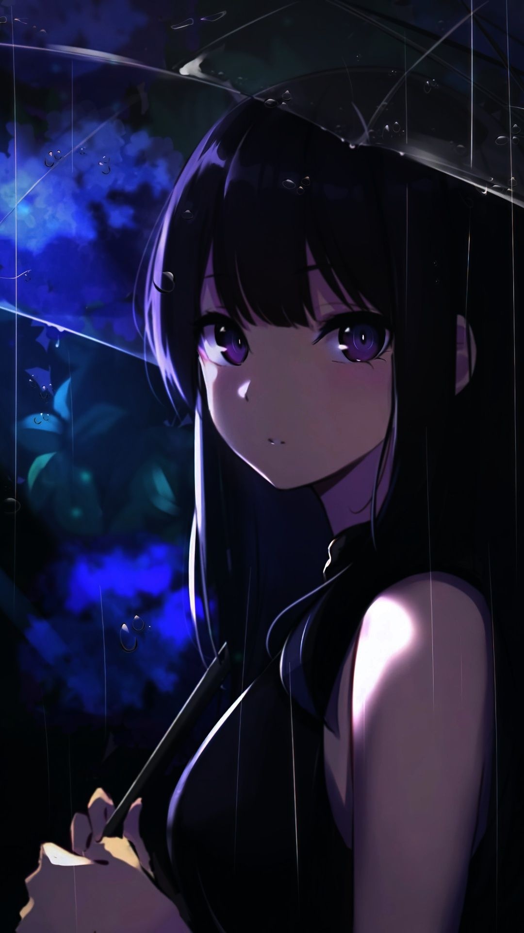 Black-haired girl, Transparent rain umbrella, Night blue tones — 1080×1920 HD wallpaper