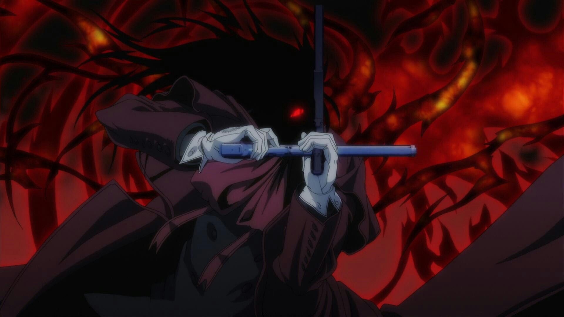 Alucard holding pistols, Crimson red coat, Fiery dark aura — 1920×1080 HD wallpaper