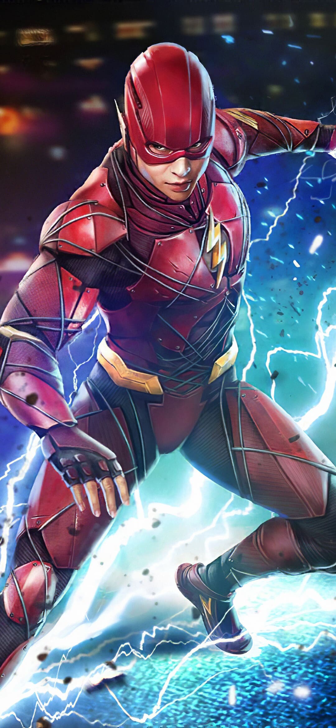 The Flash Ezra Miller, Blue lightning speedforce, Red superhero suit — 1080×2340 HD wallpaper