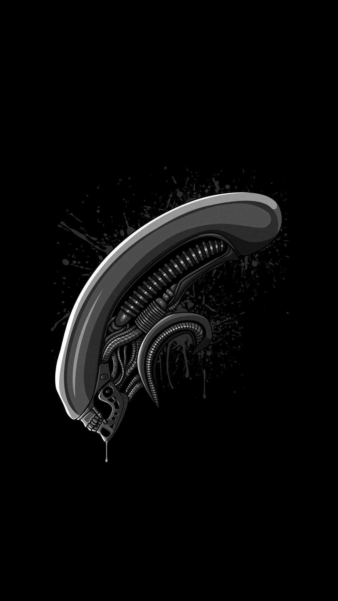 Xenomorph head illustration, Ink splatter, Black background — 1080×1920 HD wallpaper