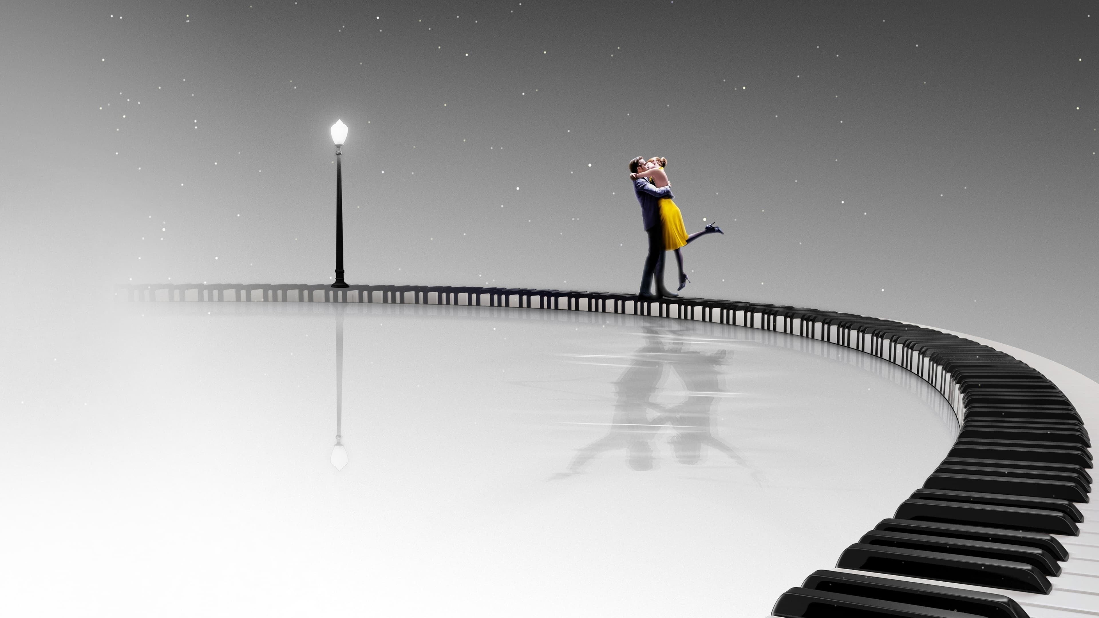 Sebastian and Mia embrace, Yellow dress lamppost, Piano key pier — 3840×2160 HD wallpaper
