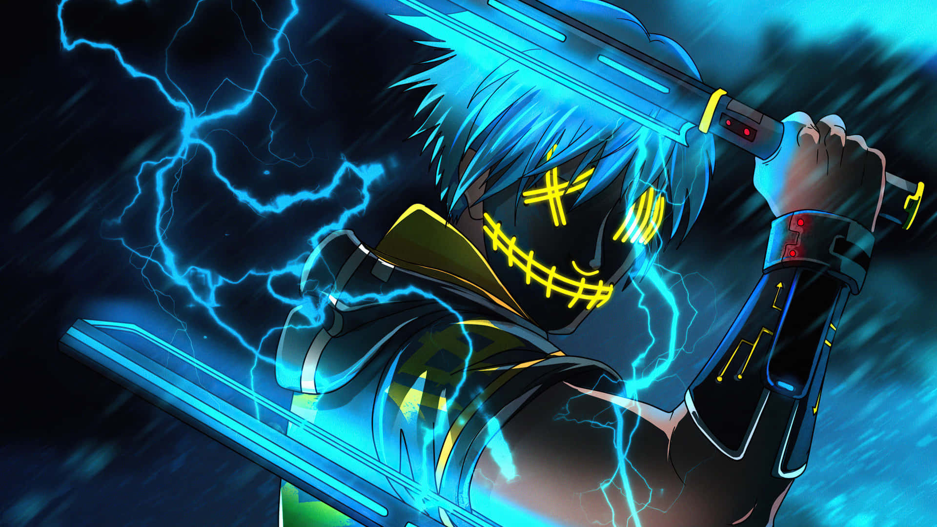 Neon stitched mask, Blue lightning aura, Cyber swordsman — 1920×1080 HD wallpaper