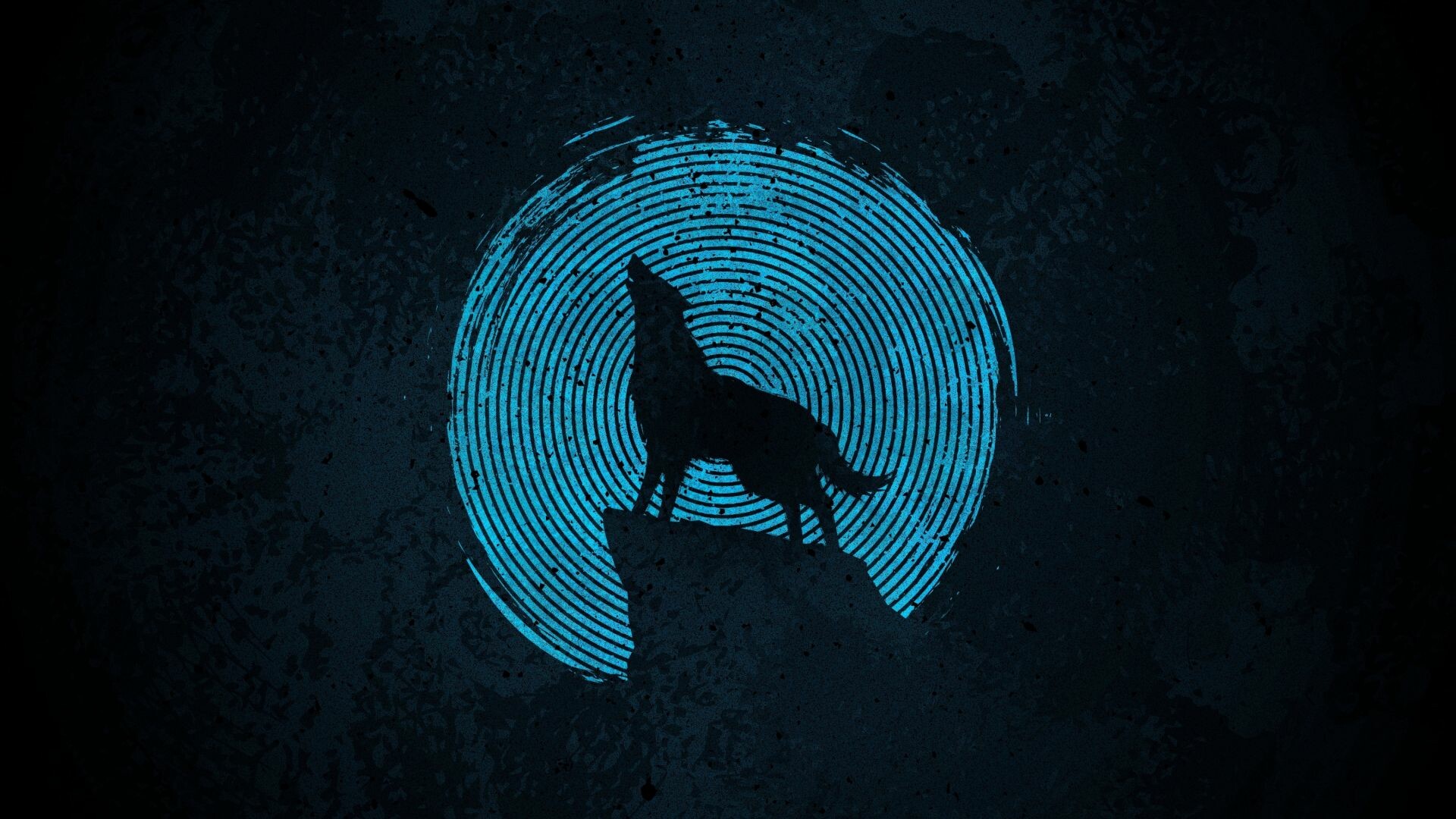 Howling wolf silhouette, Blue concentric moon, Dark grunge texture — 1920×1080 HD wallpaper