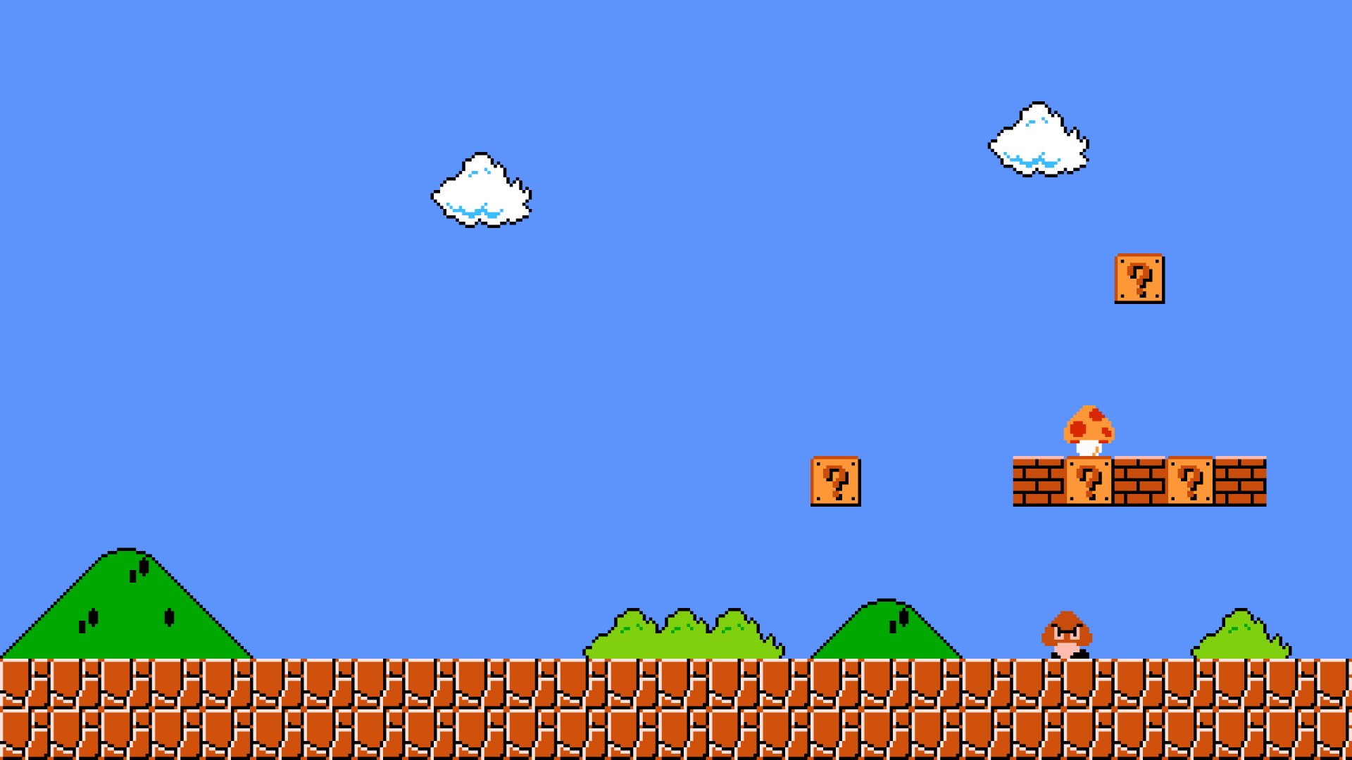 Super Mario Bros. World 1-1, Super Mushroom power-up, Goomba and question blocks — 1920×1080 HD wallpaper