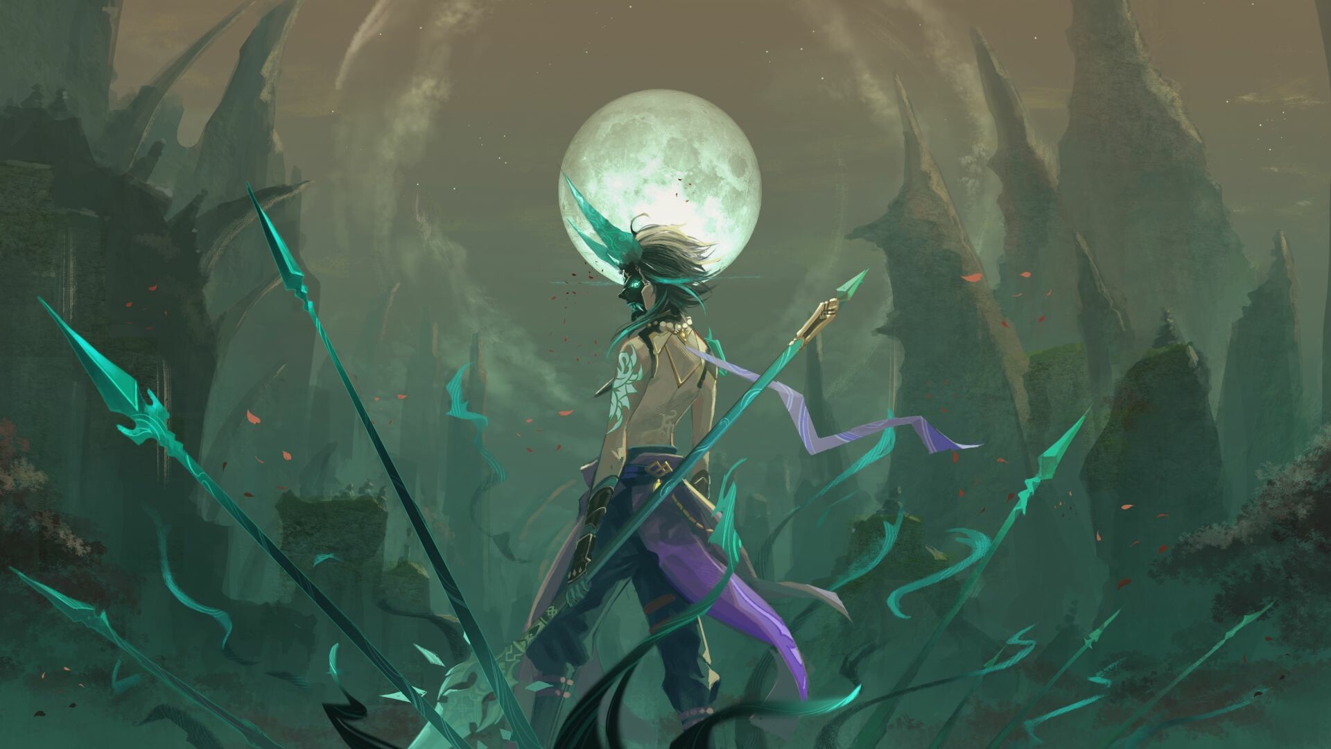 Xiao, Full moon, Polearm spears, Misty green mountains — 1920×1080 HD wallpaper