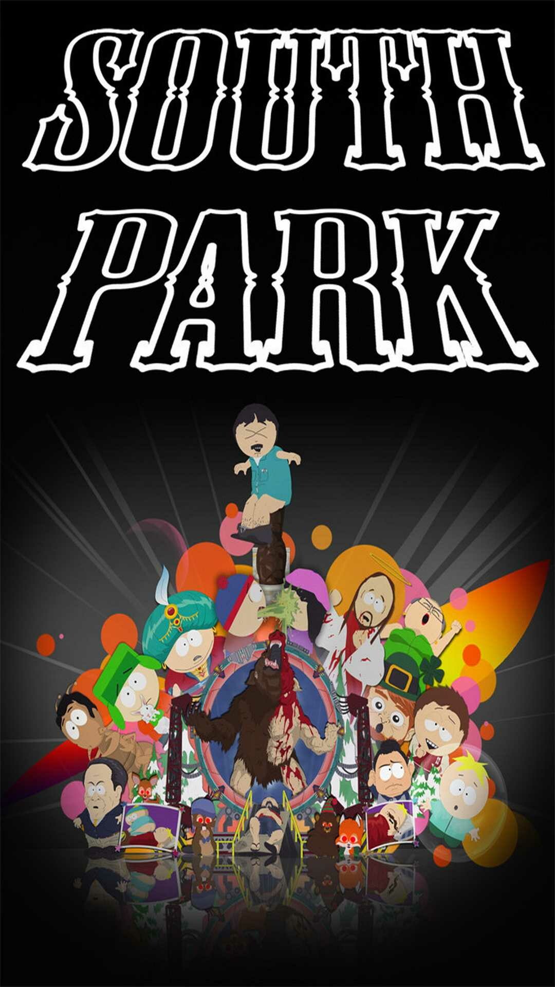South Park logo, Character group montage, Randy Marsh, Colorful stage lights — 1080×1920 HD wallpaper